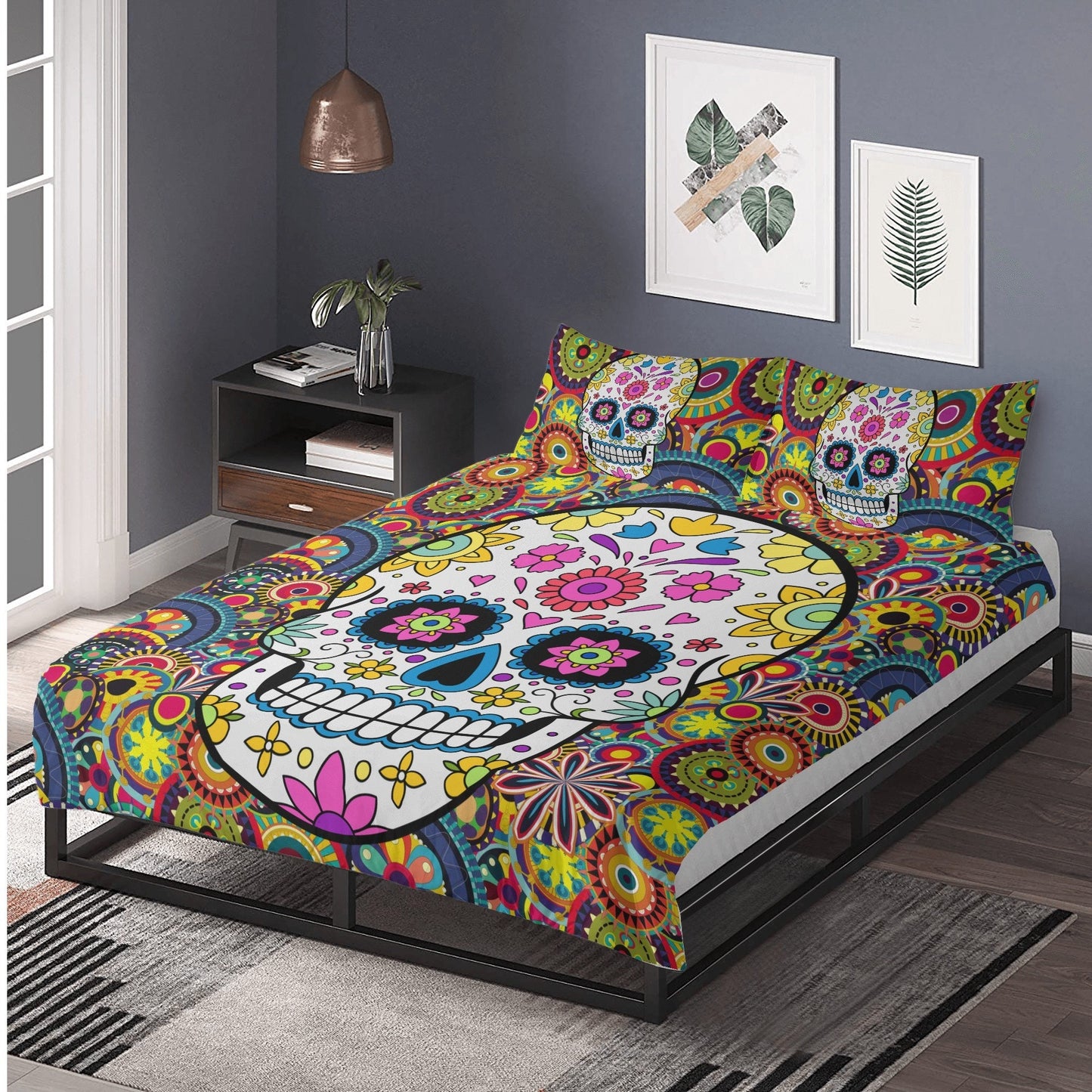 4pcs Floral sugar skull bedding duvet cover set, day of the dead skull candy skull bedding set, sugar skull duvet cover set pillow covers