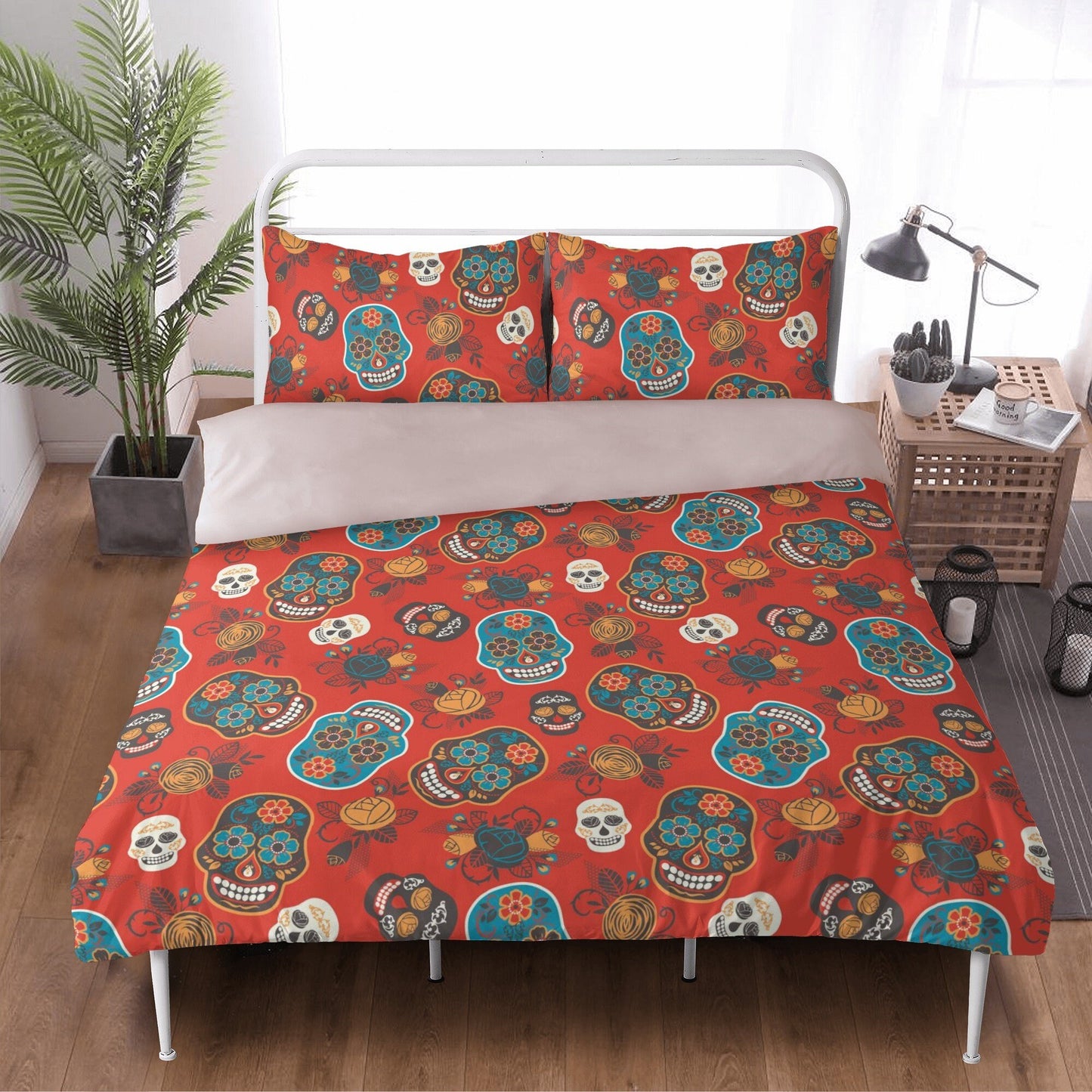 4pcs Floral sugar skull bedding duvet cover set, day of the dead skull candy skull bedding set, sugar skull duvet cover set pillow covers