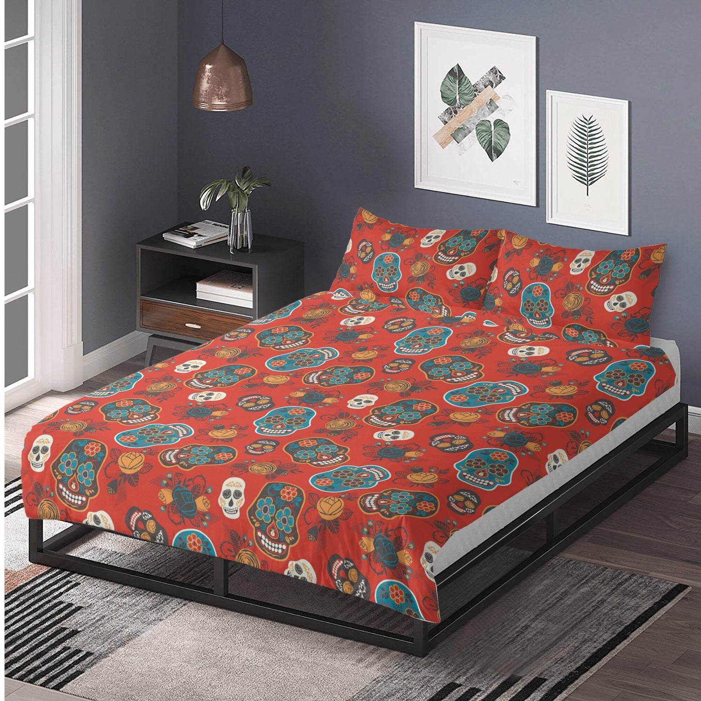 4pcs Floral sugar skull bedding duvet cover set, day of the dead skull candy skull bedding set, sugar skull duvet cover set pillow covers