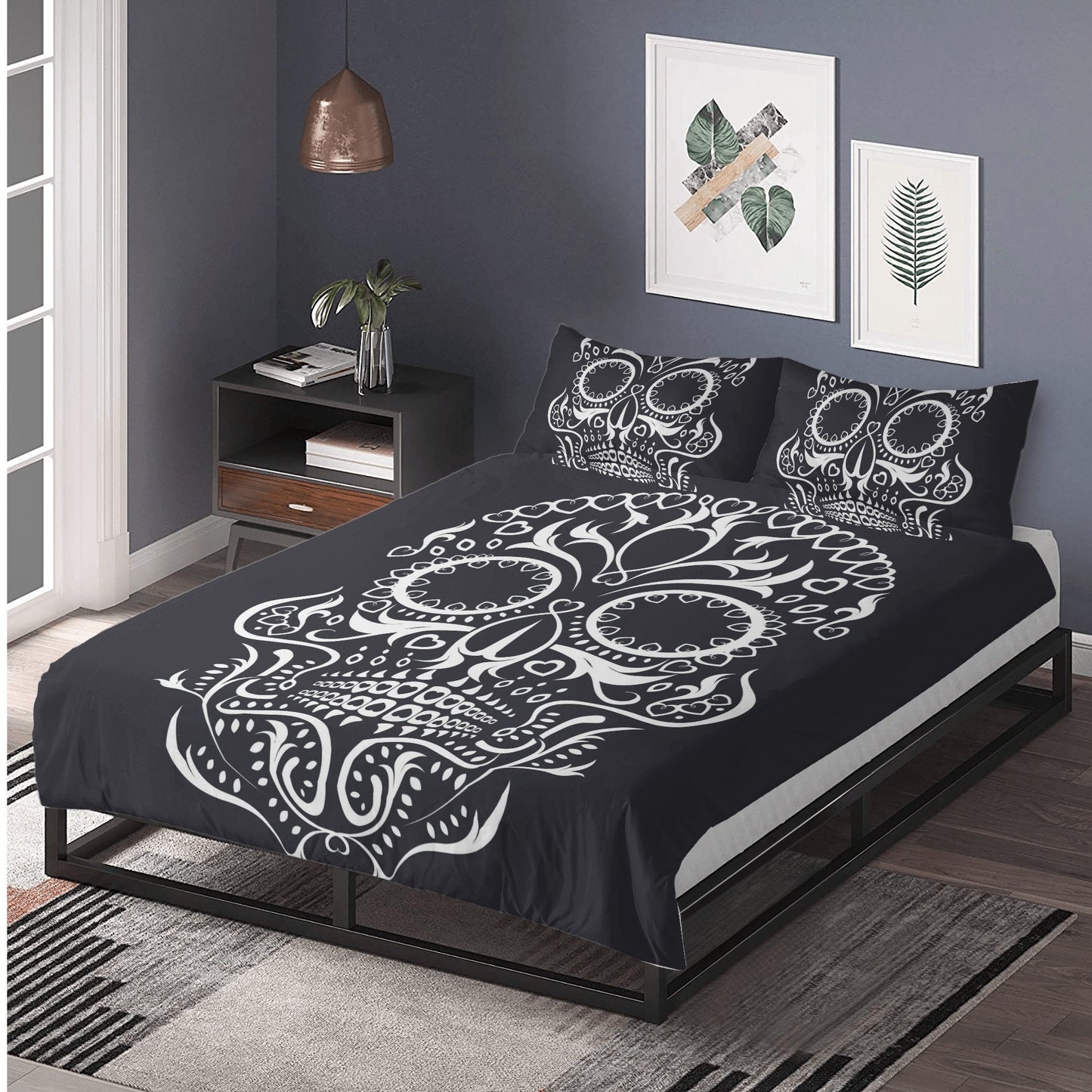 4pcs Floral sugar skull bedding duvet cover set, day of the dead skull candy skull bedding set, sugar skull duvet cover set pillow covers