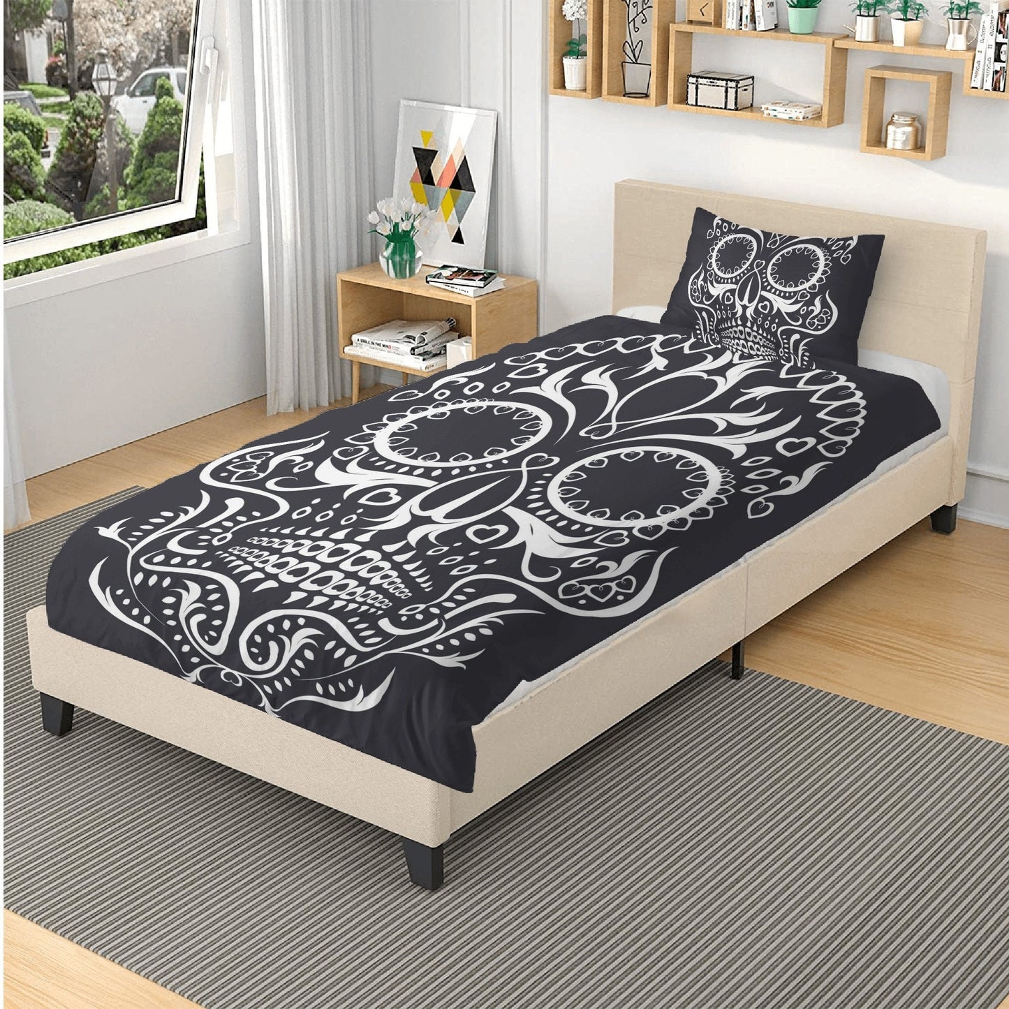 4pcs Floral sugar skull bedding duvet cover set, day of the dead skull candy skull bedding set, sugar skull duvet cover set pillow covers