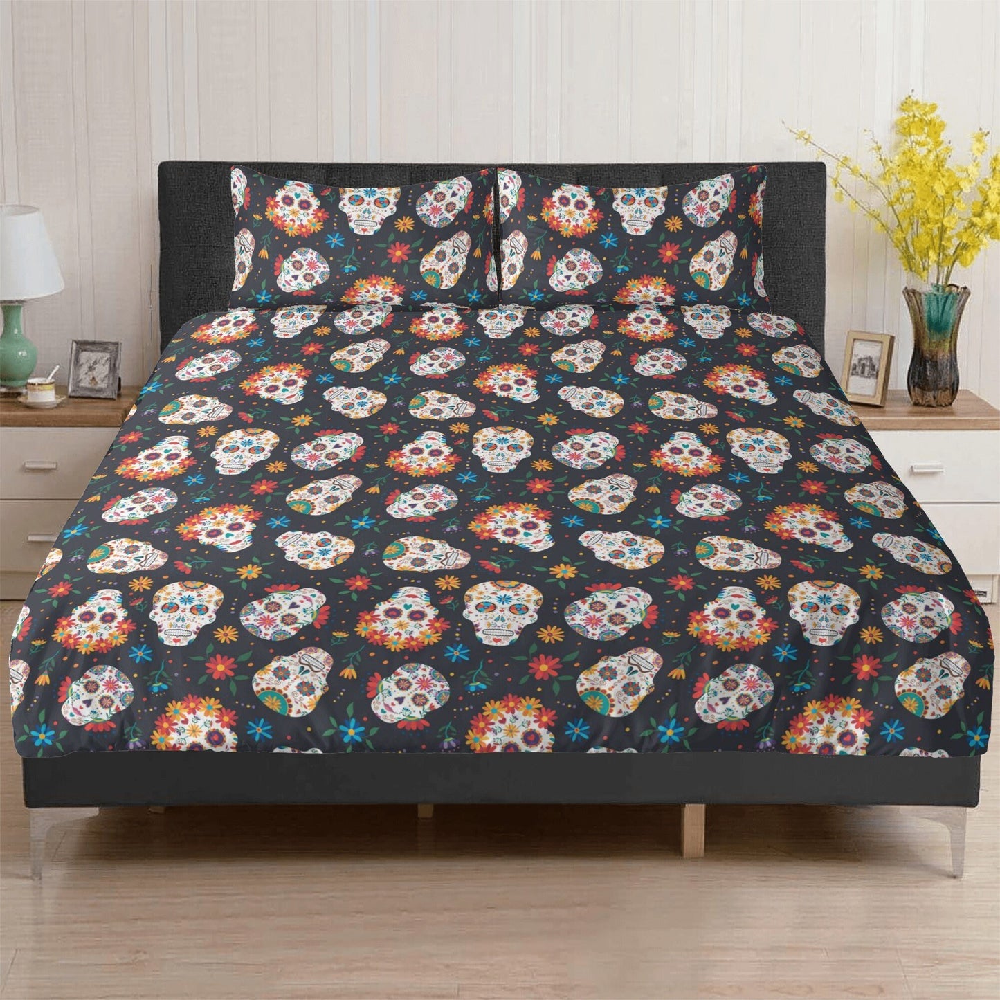 4pcs Rose skull bedding set, Gothic skeleton duvet cover set, Halloween skull bedding set, Grim reaper skull duvet cover skull pillow covers