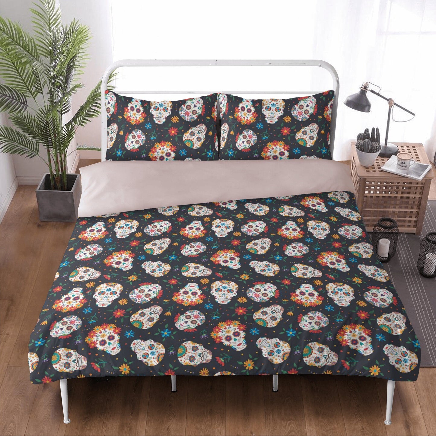 4pcs Rose skull bedding set, Gothic skeleton duvet cover set, Halloween skull bedding set, Grim reaper skull duvet cover skull pillow covers