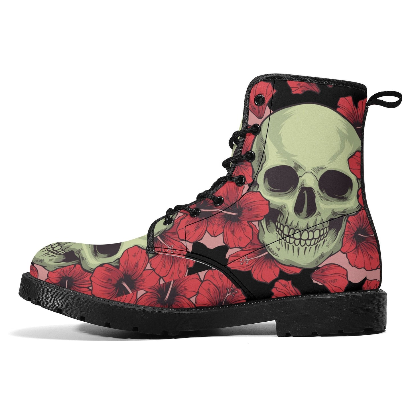 Floral skull leather boots, Halloween skull boots for men Rose skeleton skull boots for women, skull biker boots Grim reaper men women boots