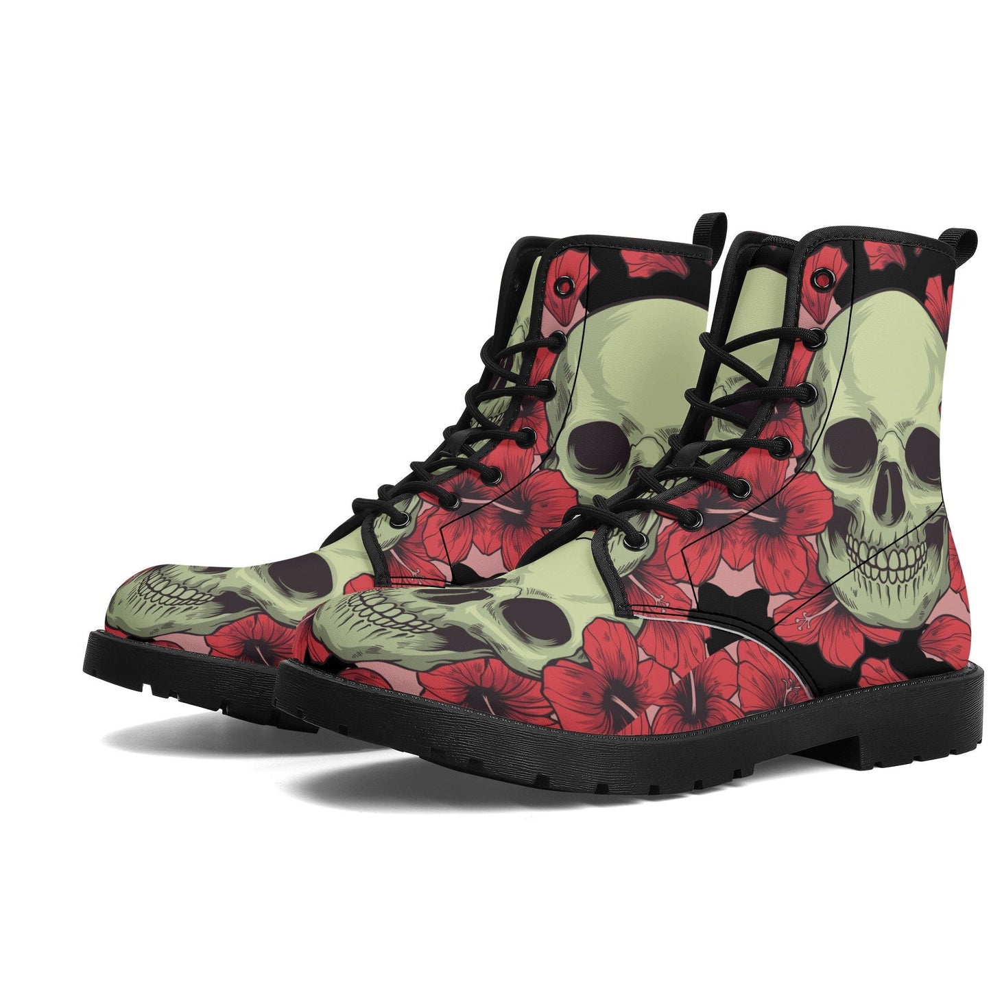 Floral skull leather boots, Halloween skull boots for men Rose skeleton skull boots for women, skull biker boots Grim reaper men women boots