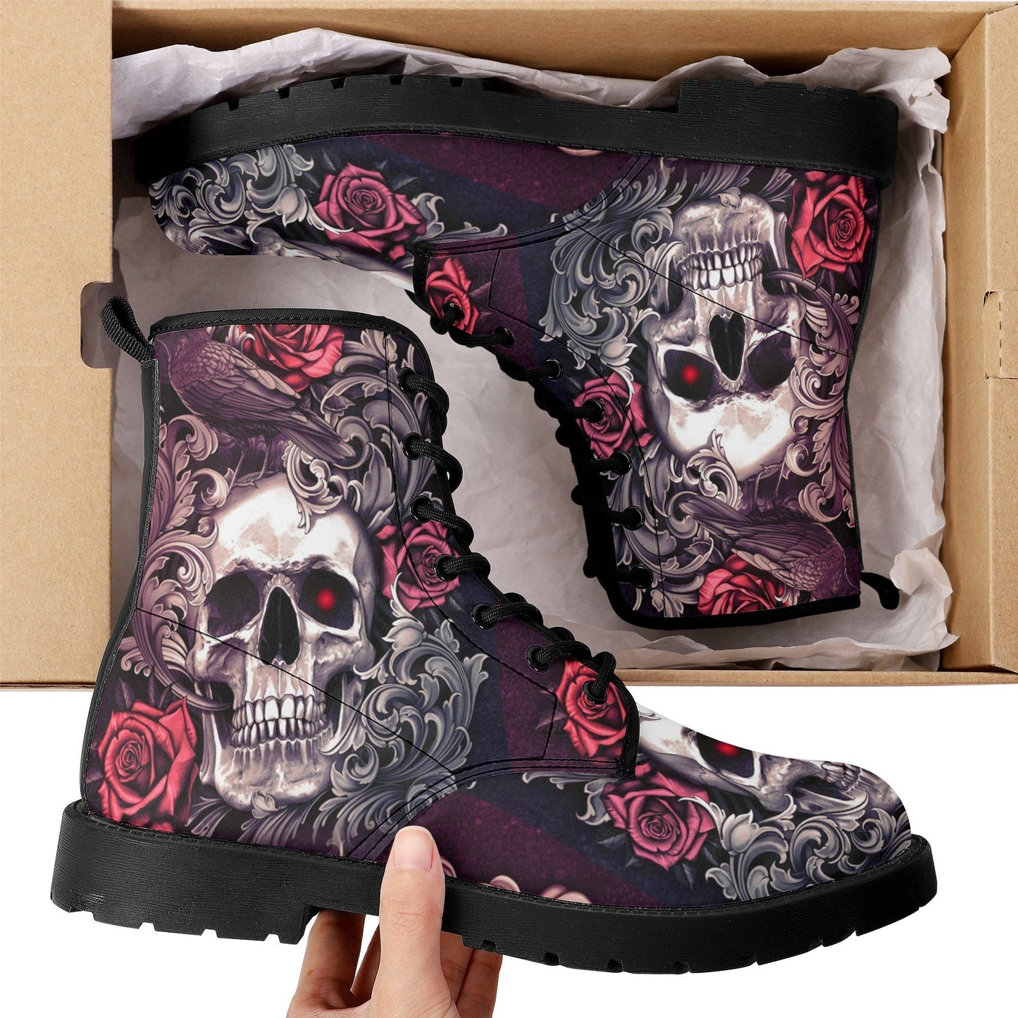 Floral skull boots Streetwear shoes, Gothic punisher skull boots for men women, skeleton men boots, Halloween Christmas skull leather boots
