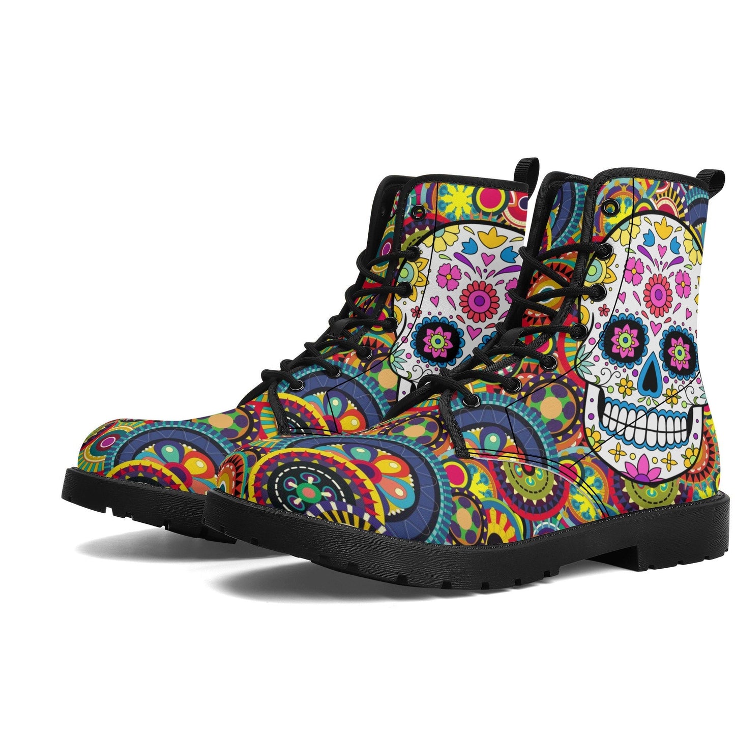 Day of the dead leather boots, sugar skull boots for men women sugar skull women's boots, candy skull women's boots, Calaveras leather boots