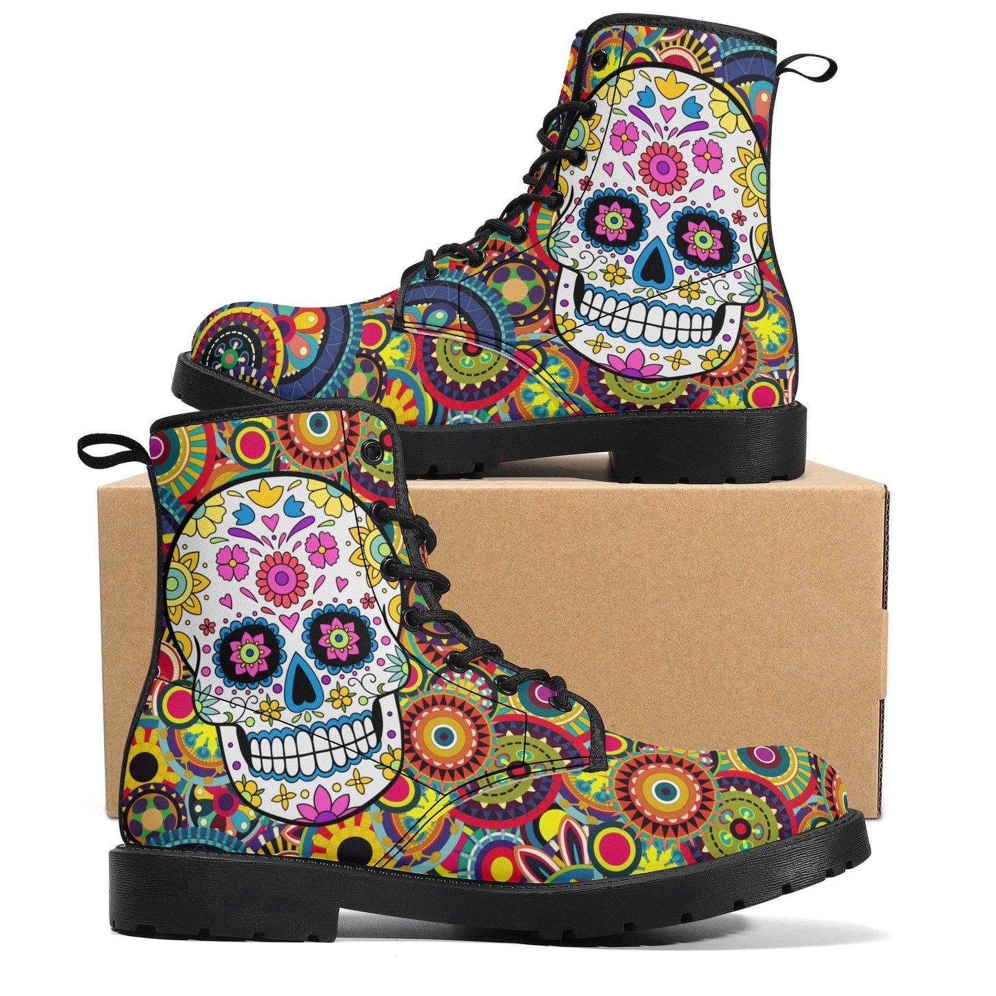 Day of the dead leather boots, sugar skull boots for men women sugar skull women's boots, candy skull women's boots, Calaveras leather boots