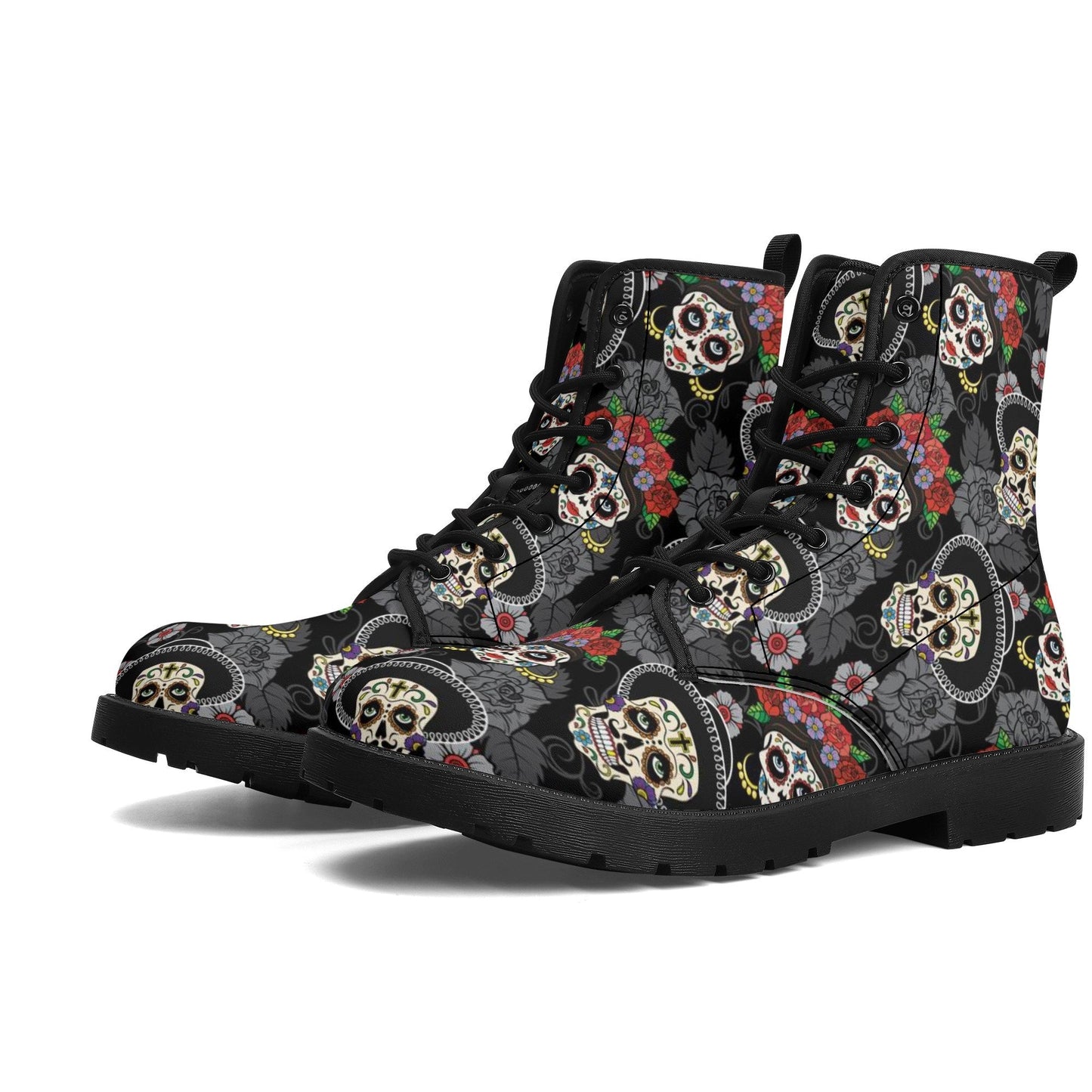 Day of the dead skull leather boots, sugar skull boots for men women skull women's boots candy skull combat boots Mexico gothic skull boots