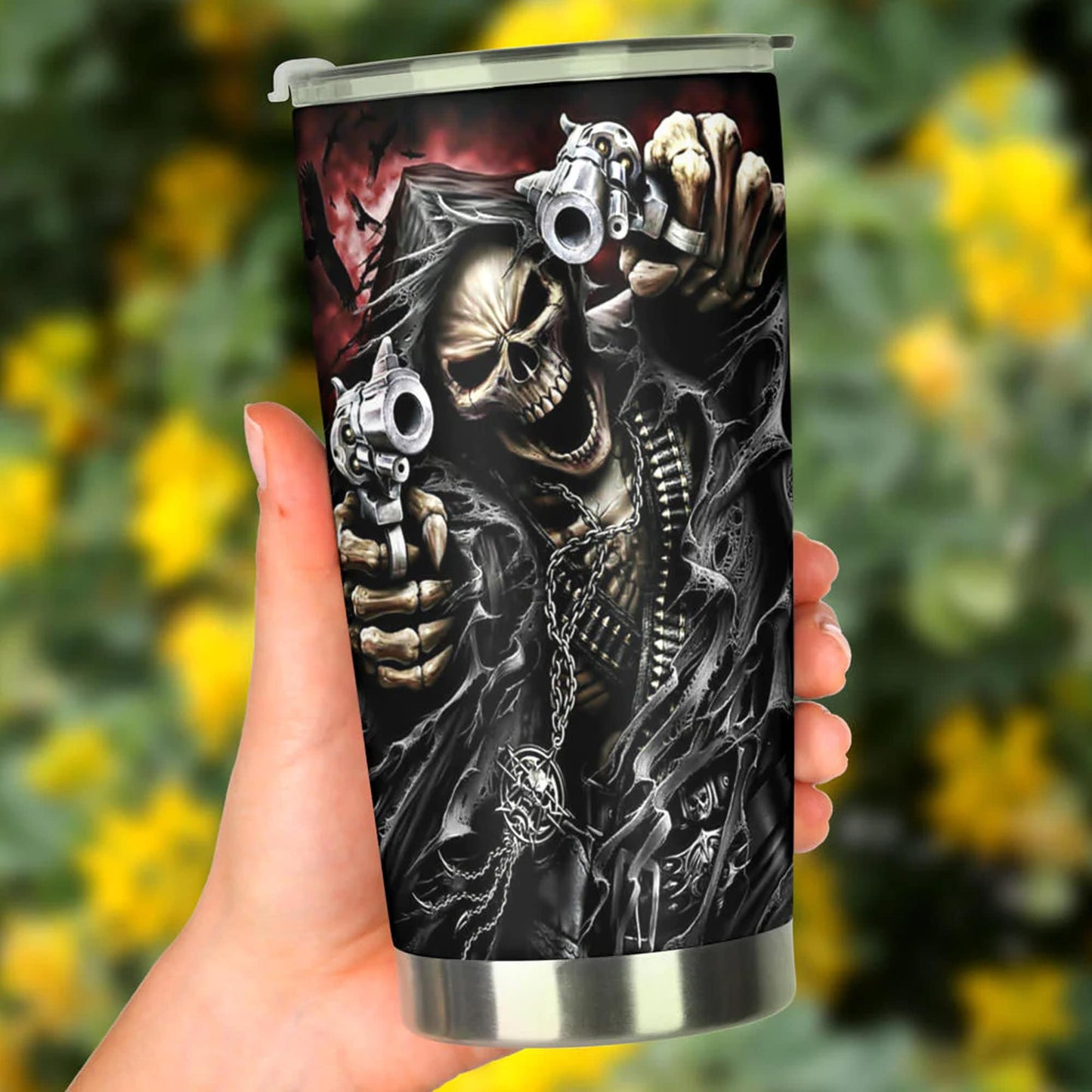 Grim reaper skull tumbler, Goth skull cup mug, skull travel tumbler Gothic skull mug tumbler Motorcycle skull mug grim reaper gothic mug cup