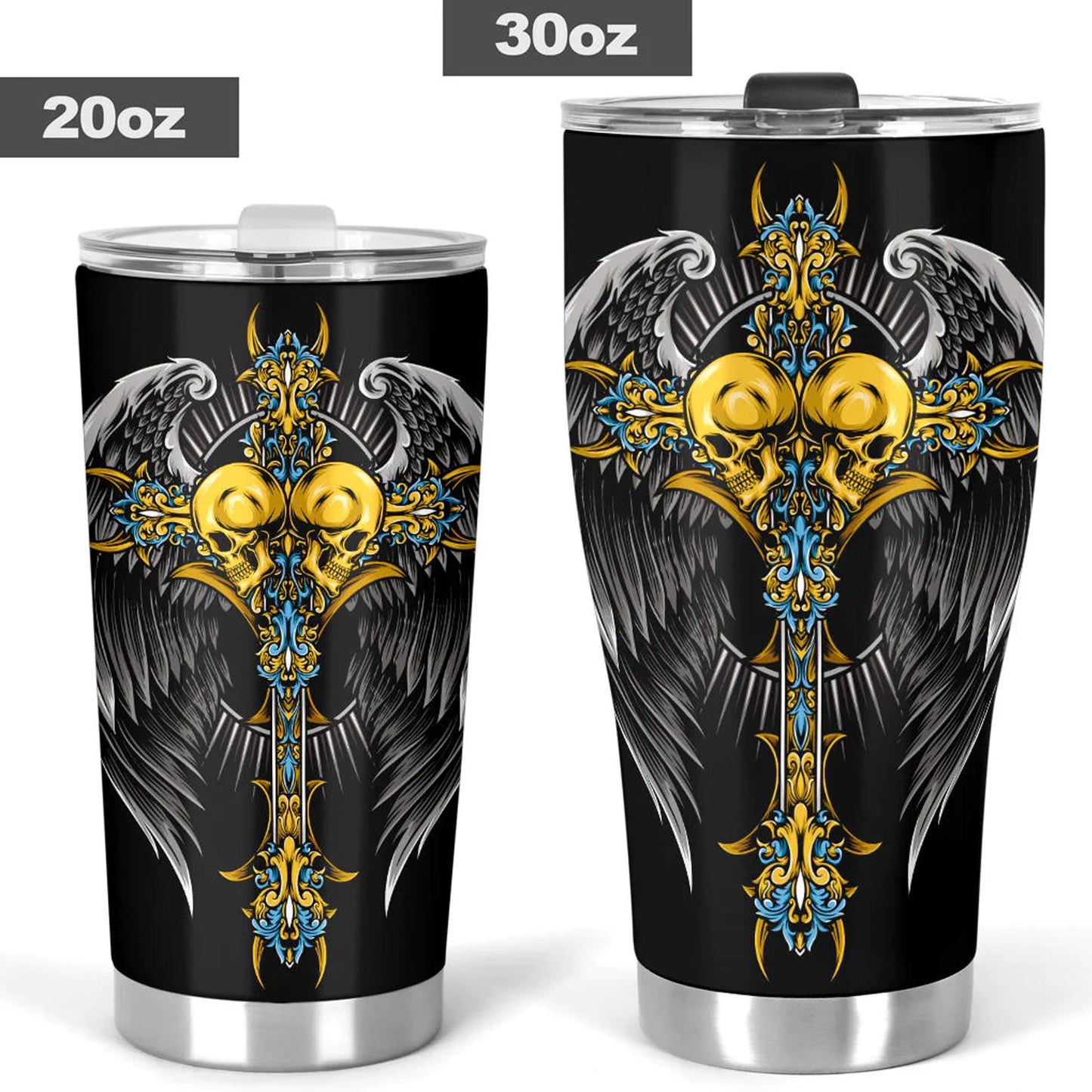 Wing sword skull tumbler, Goth skull cup mug, skull travel tumbler Gothic skull mug tumbler Halloween skull mug grim reaper gothic mug cup