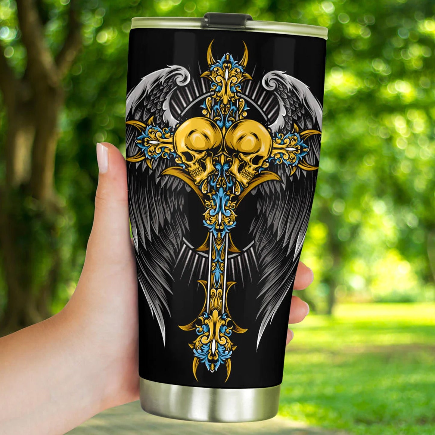 Wing sword skull tumbler, Goth skull cup mug, skull travel tumbler Gothic skull mug tumbler Halloween skull mug grim reaper gothic mug cup