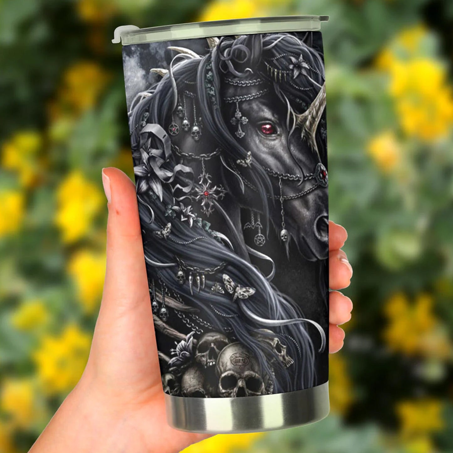Horse skull tumbler, skull in fire cup mug tumblr skull travel tumbler Gothic skull mug tumbler Flaming skull mug grim reaper gothic mug cup