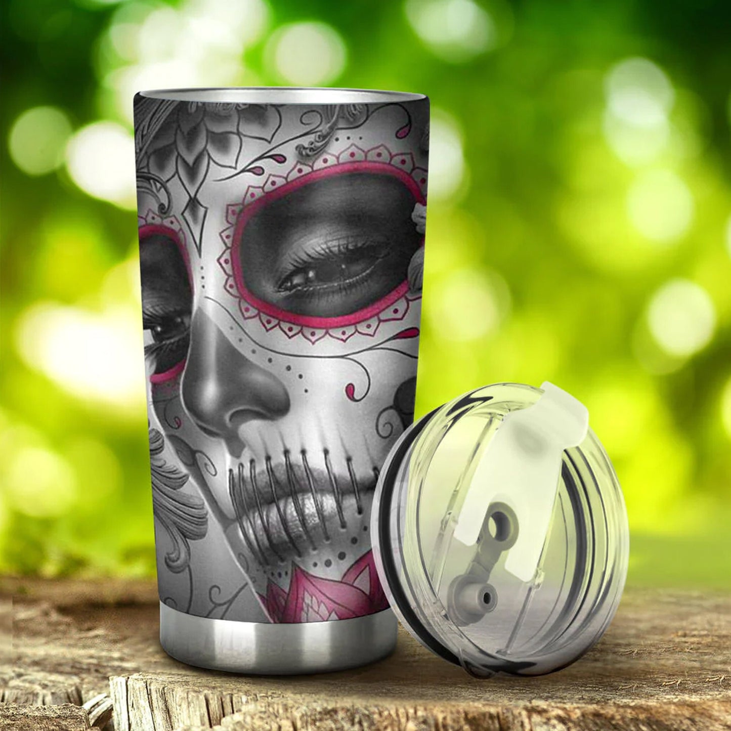 Sugar skull cat tumbler, Candy skull cat cup mug tumblr skull rose skull travel tumbler, skull mug tumbler day of the dead cat skull tumbler