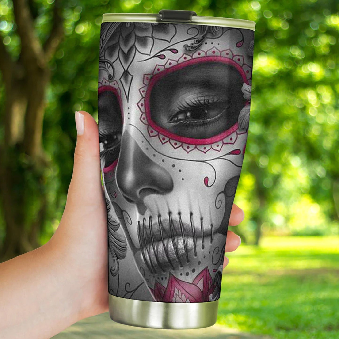Sugar skull cat tumbler, Candy skull cat cup mug tumblr skull rose skull travel tumbler, skull mug tumbler day of the dead cat skull tumbler