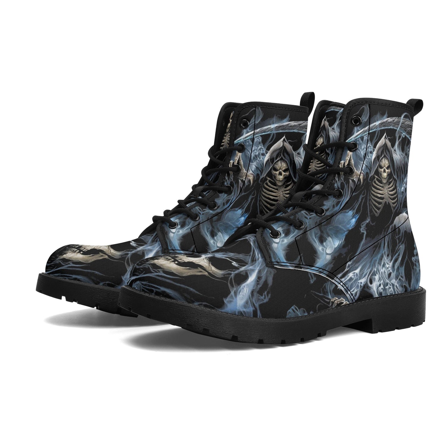 Grim reaper skull men women boots, Punisher horror gothic boots, Halloween skull boots, Skeleton skull grim reaper leather rose skull boots