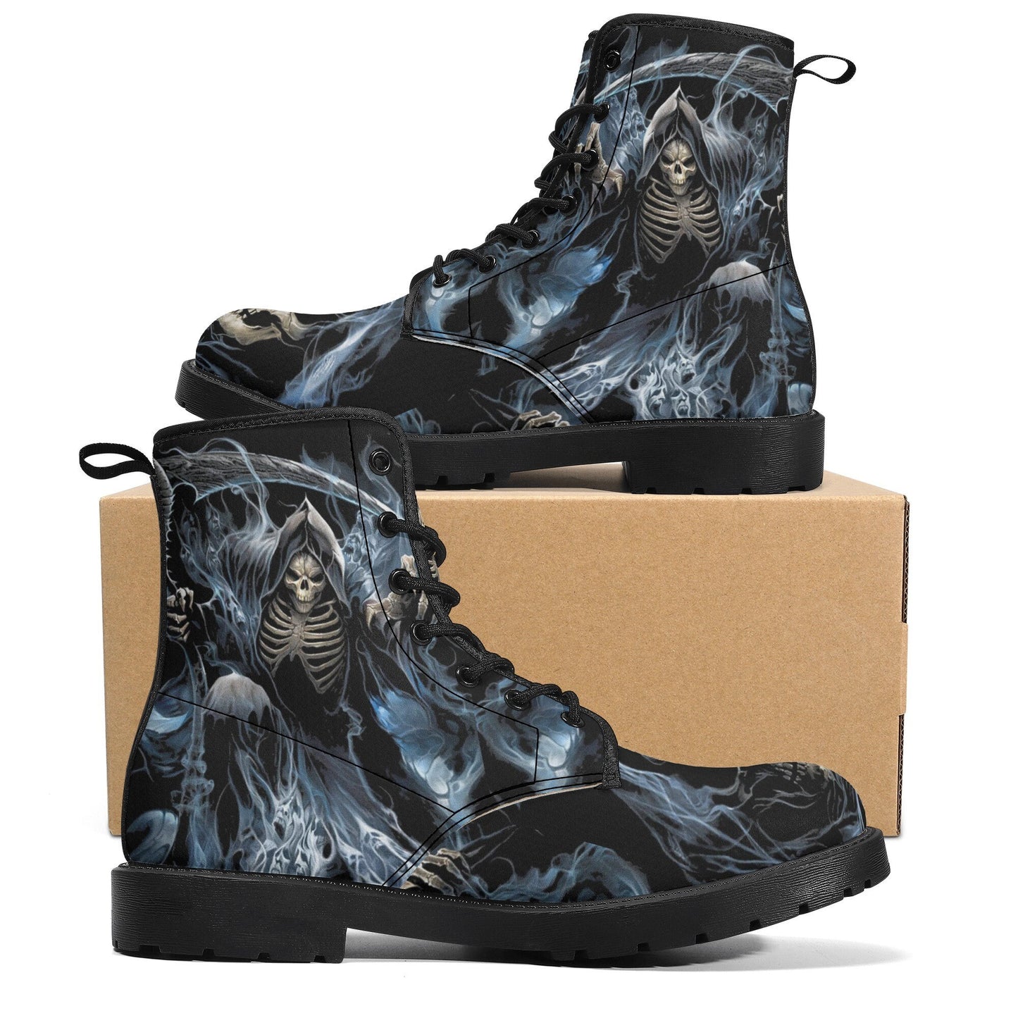 Grim reaper skull men women boots, Punisher horror gothic boots, Halloween skull boots, Skeleton skull grim reaper leather rose skull boots