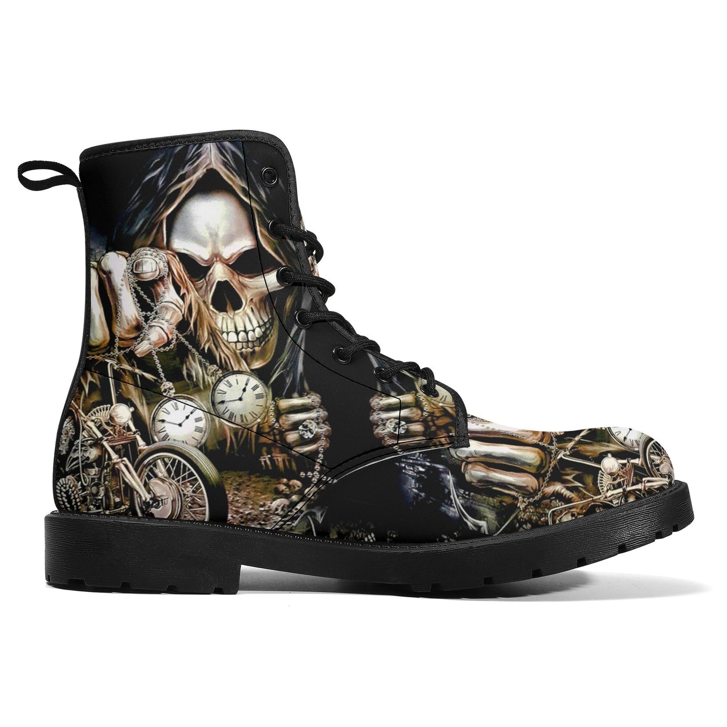 Grim reaper men women boots, Punisher horror Biker skull boots, Halloween skull boots, Motorcycle skull grim reaper leather rose skull boots