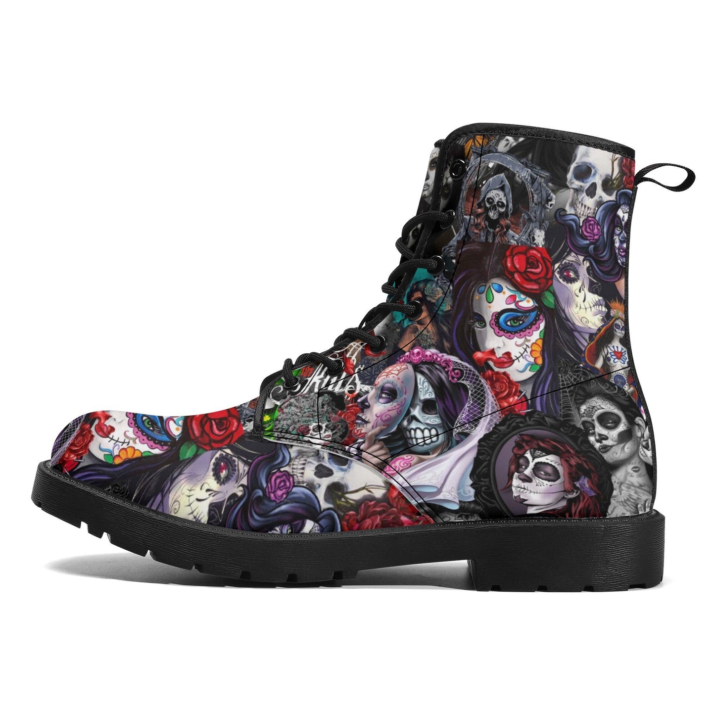 Calaveras skull day of the dead leather boots Sugar Calaveras skull boots men women, Dia de los muertos skull boots shoes, Candy skull boots