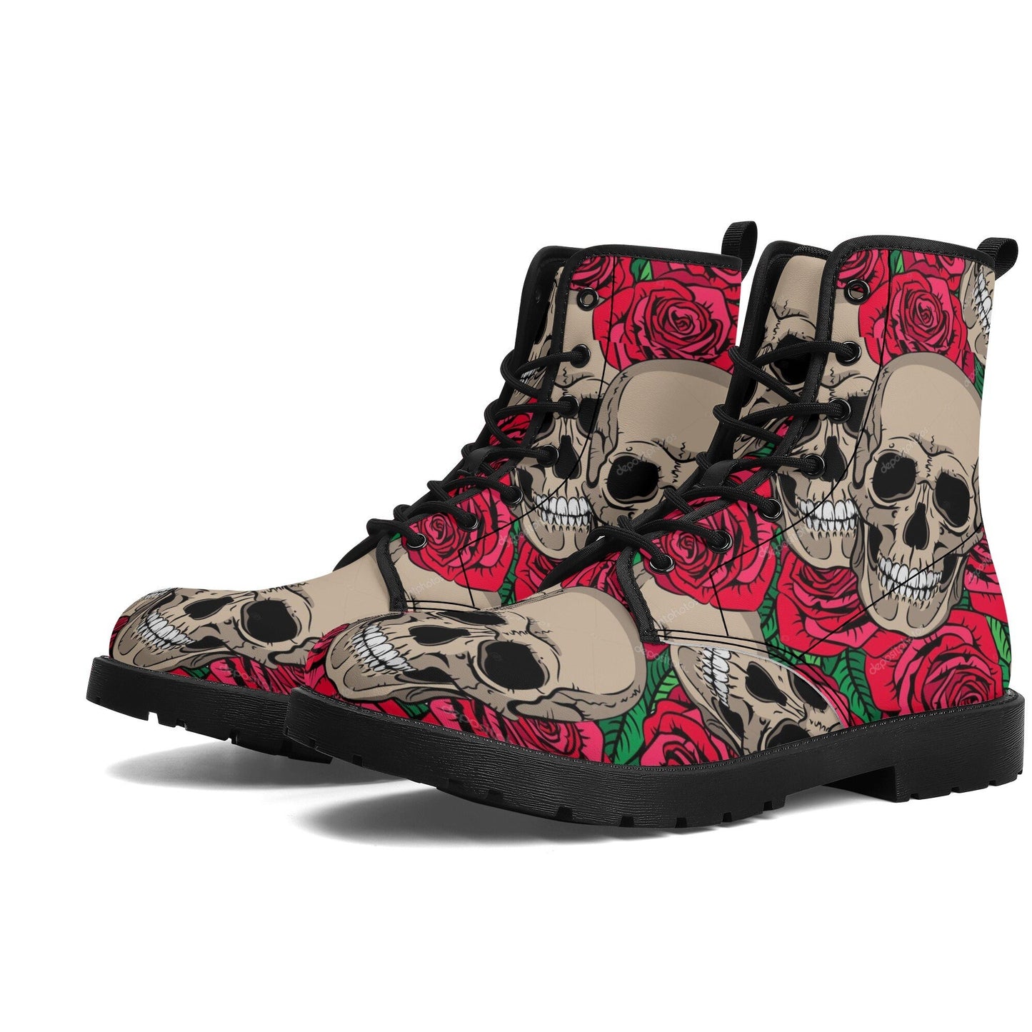 Floral skull leather boots men women, Halloween Skeleton skull boots Gothic pattern boots Floral skull punisher leather boots shoes sneakers