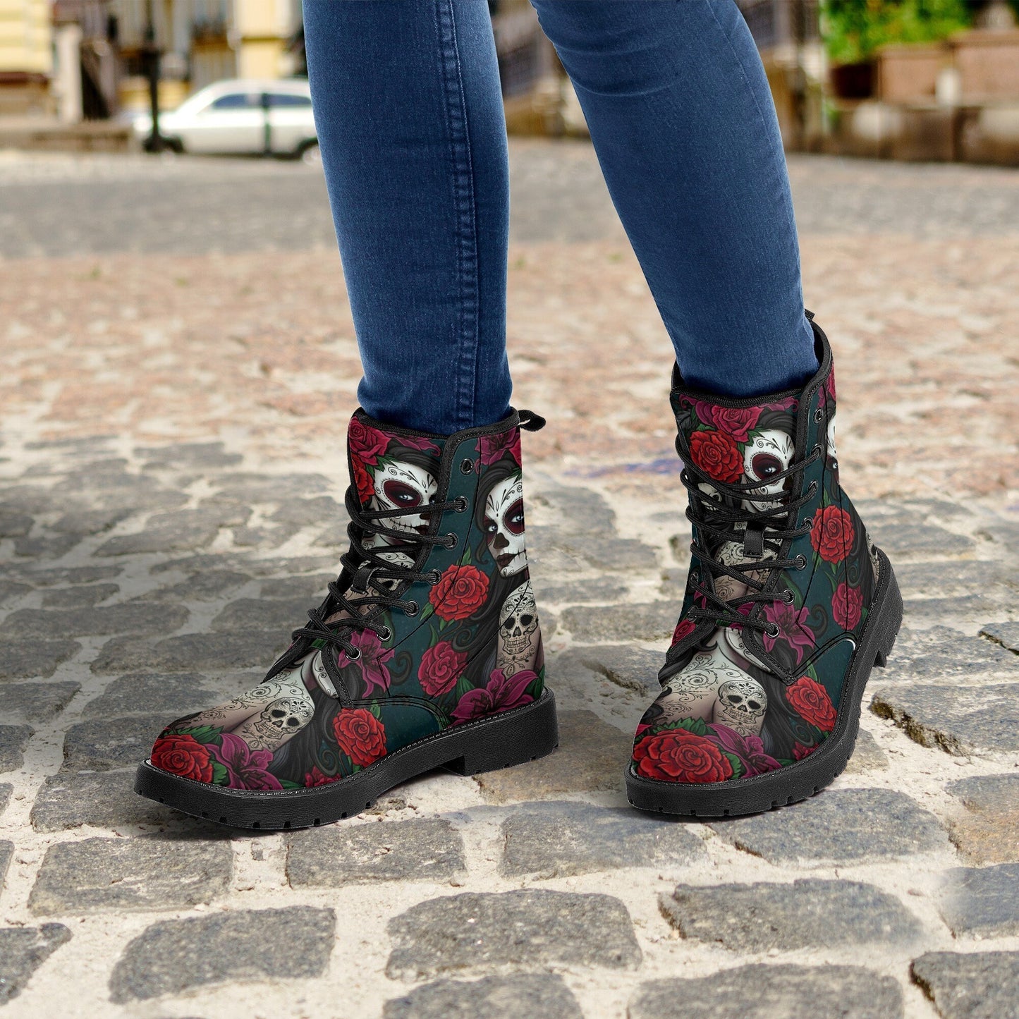 Calaveras mexican skull girl leather boots, sugar skull boots for men women, Dia de los muertos skull boots for women men, skull girl boots