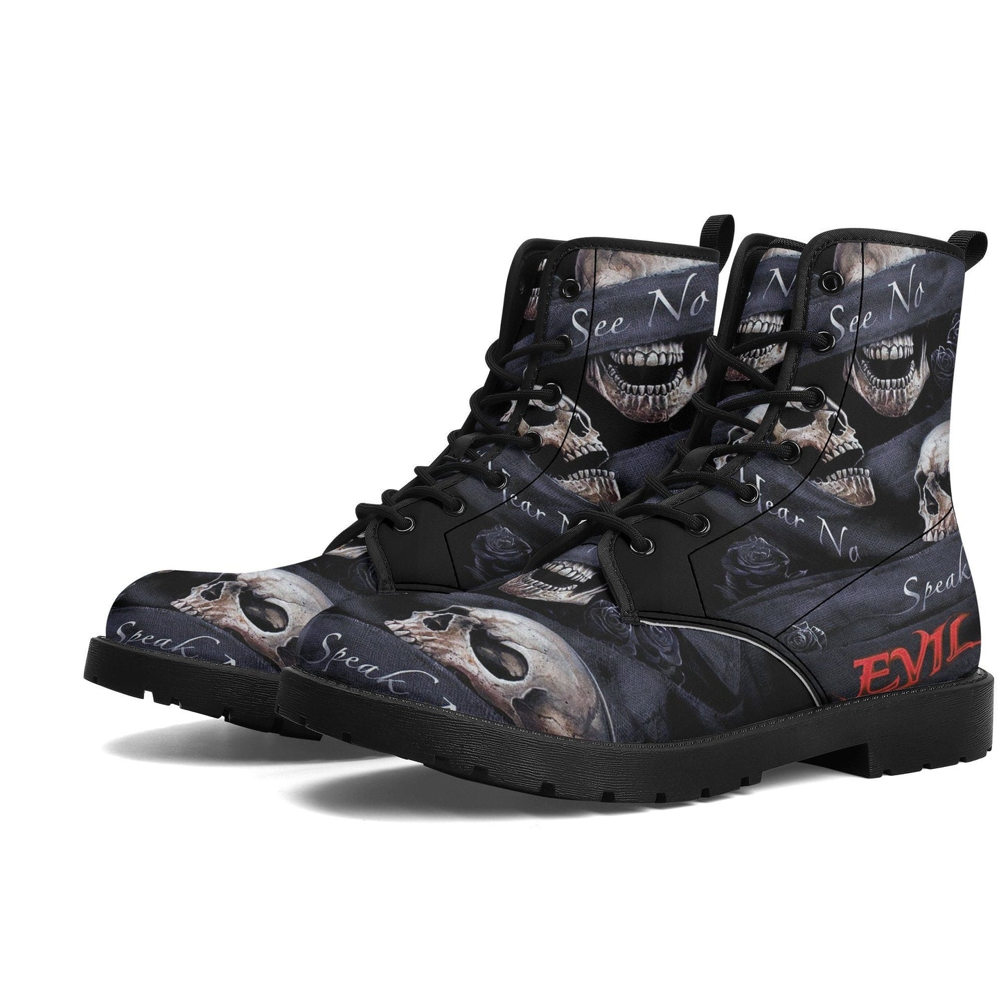 No see no hear no speak skull leather boots, Gothic skull boots for men women, skeleton boots for men gothic skulls leather boots for women