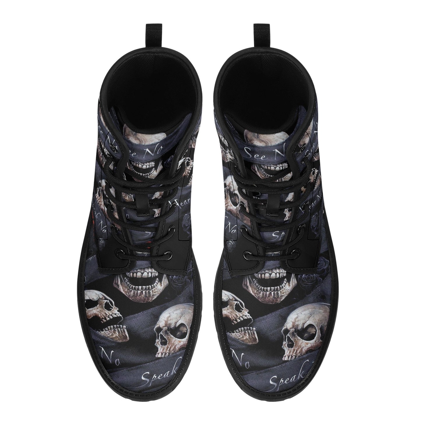 No see no hear no speak skull leather boots, Gothic skull boots for men women, skeleton boots for men gothic skulls leather boots for women