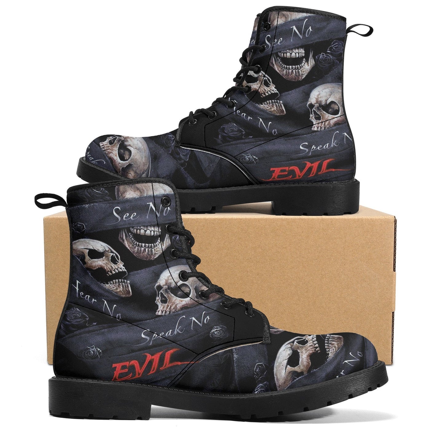 No see no hear no speak skull leather boots, Gothic skull boots for men women, skeleton boots for men gothic skulls leather boots for women