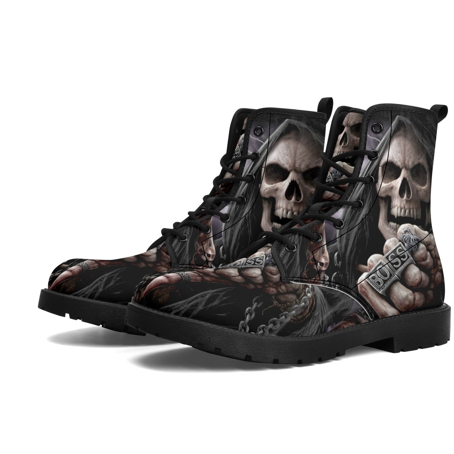 Grim reaper BOSS skull boots for men women, Gothic punisher skull women boots skeleton boots, Halloween punisher skulls leather boots shoes