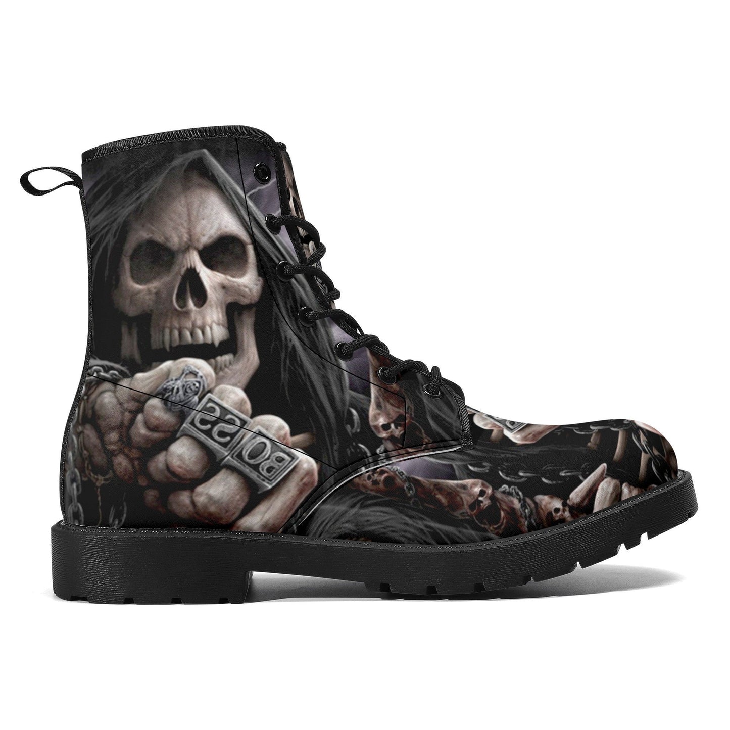 Grim reaper BOSS skull boots for men women, Gothic punisher skull women boots skeleton boots, Halloween punisher skulls leather boots shoes