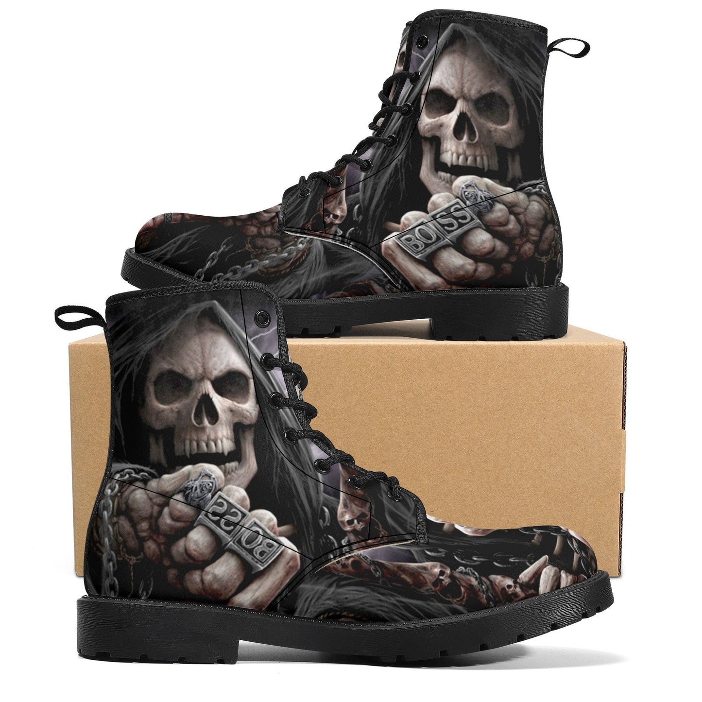 Grim reaper BOSS skull boots for men women, Gothic punisher skull women boots skeleton boots, Halloween punisher skulls leather boots shoes