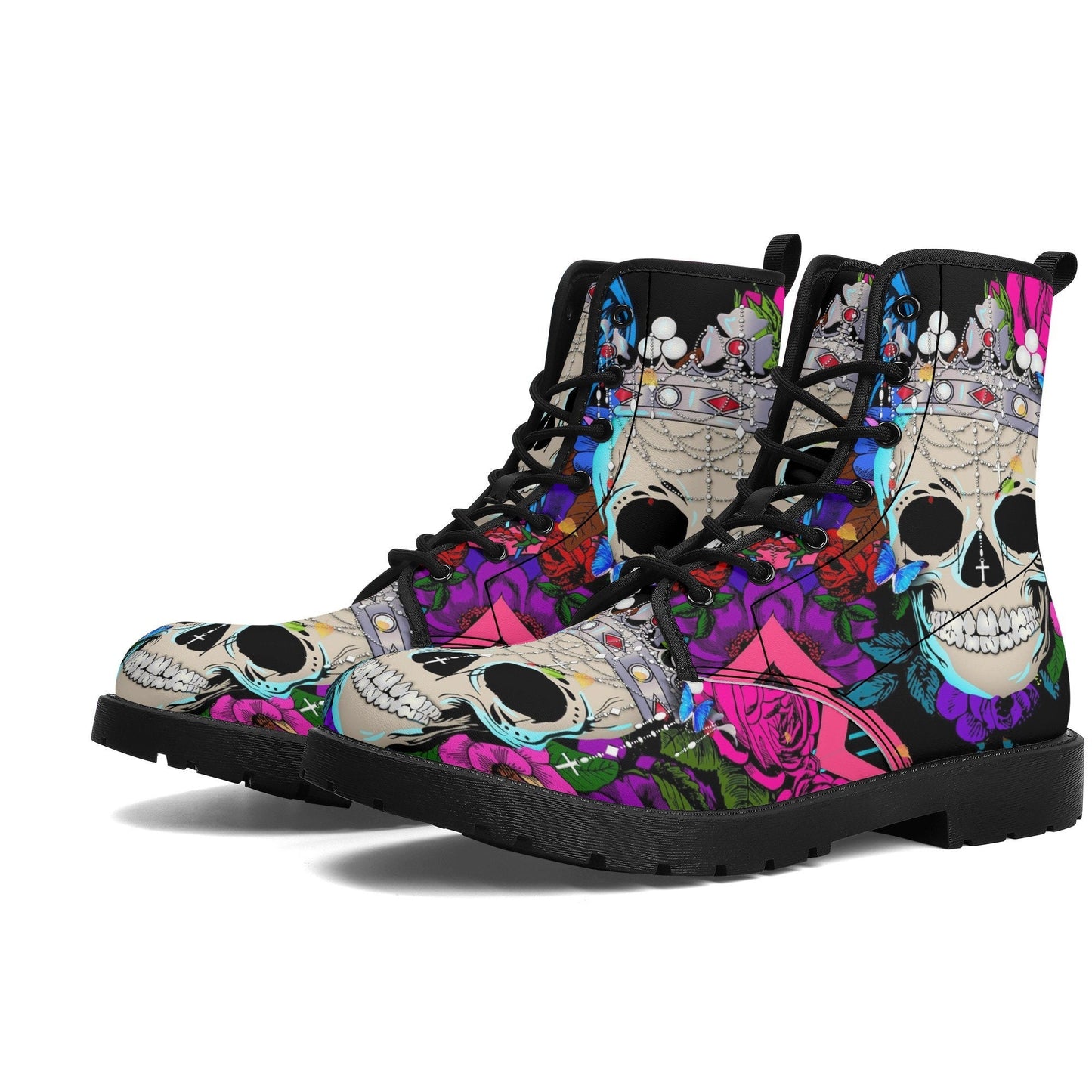 Floral King Queen skull boots for men women, Roes punisher skull women boots skeleton boots, Death Halloween leather boots shoes sneakers