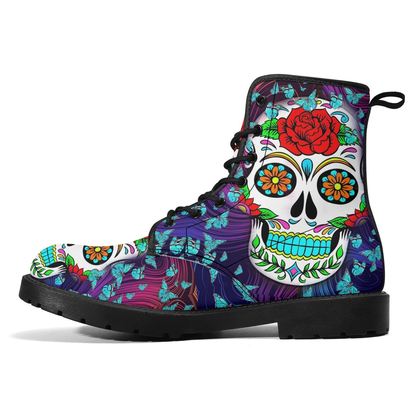 Dia de los muertos skull leather boots, Candy skull boots, Mexico butterfly sugar skull boots for women, skull men boots gothic women boots