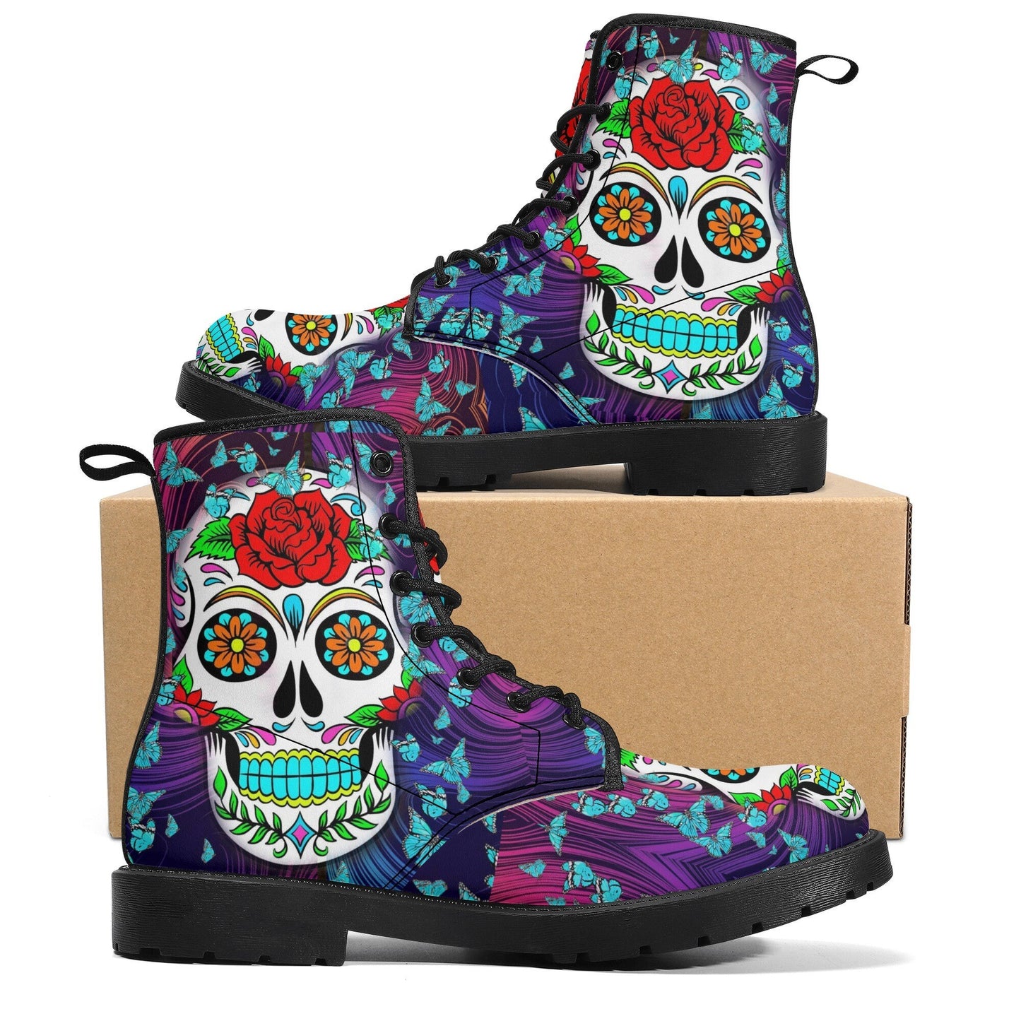 Dia de los muertos skull leather boots, Candy skull boots, Mexico butterfly sugar skull boots for women, skull men boots gothic women boots