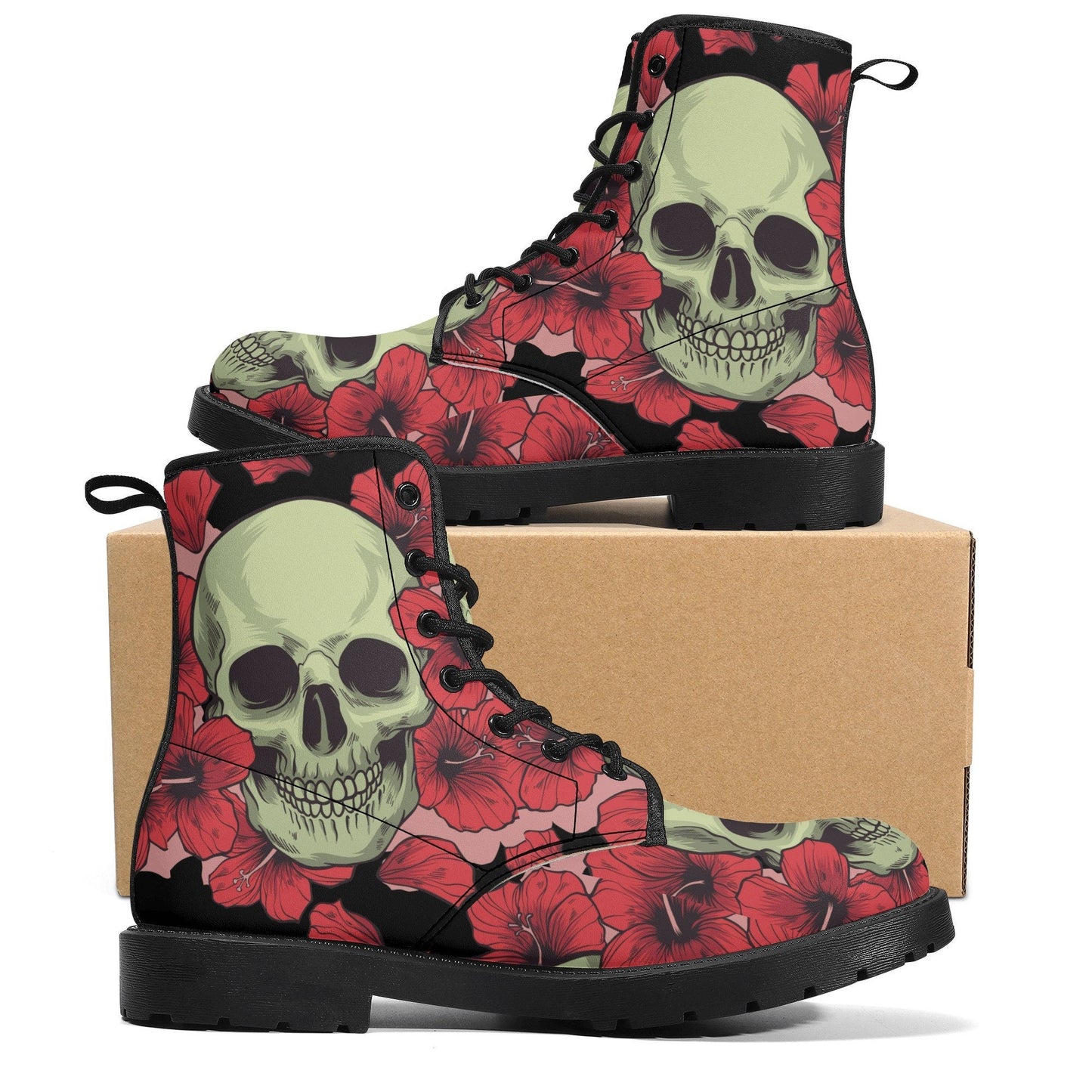Floral skull leather boots, Halloween skull boots for men Rose skeleton skull boots for women, skull biker boots Grim reaper men women boots