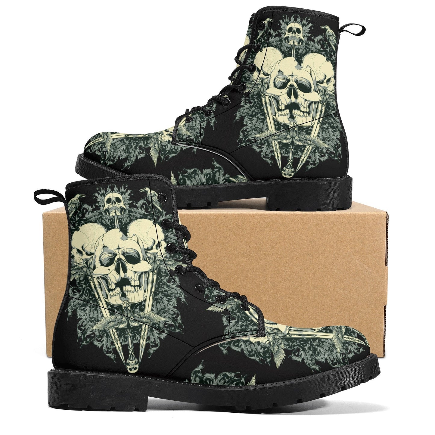 Gothic skull leather boots, Halloween skull boots for men, flame skull boots for women, skull floral boots horror skeleton men women boots