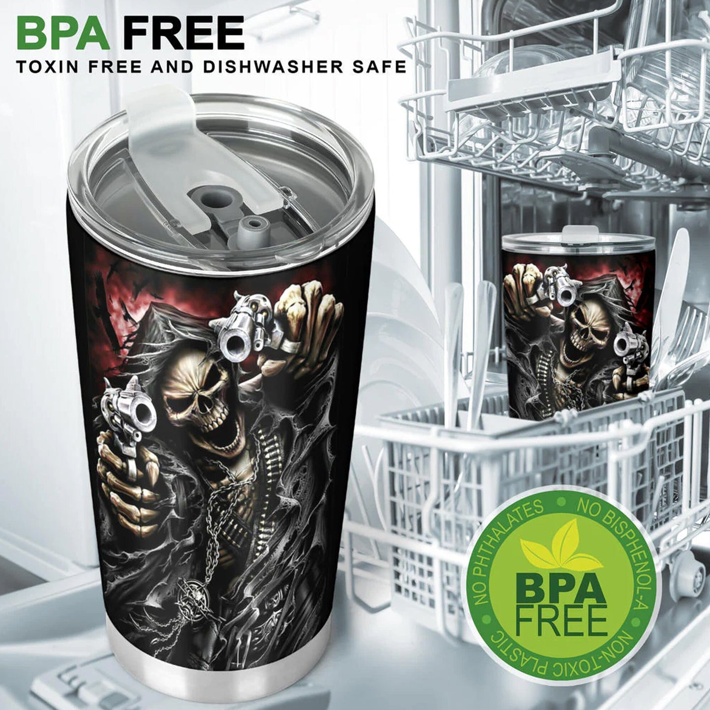 Grim reaper skull tumbler, Goth skull cup mug, skull travel tumbler Gothic skull mug tumbler Motorcycle skull mug grim reaper gothic mug cup