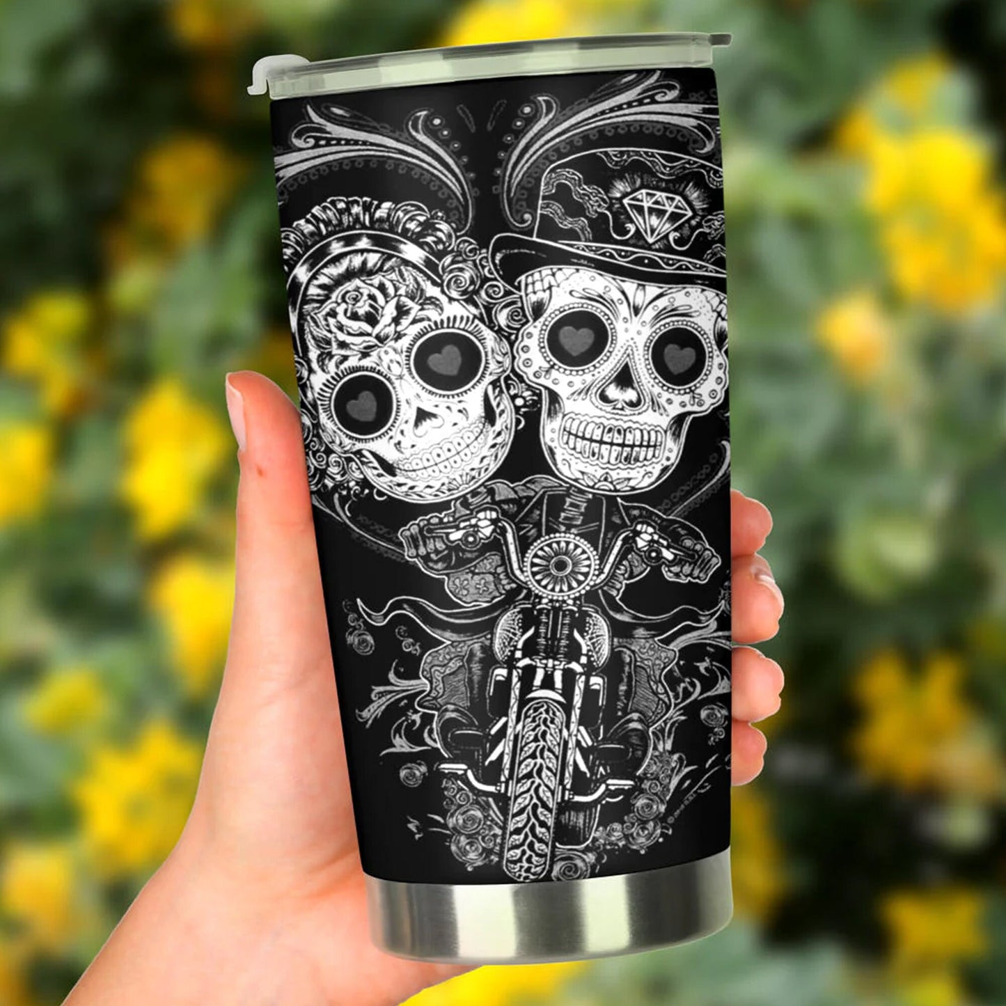 mexico travel mug, mexican skull tumbler, sugar skull girl tumbler, calaveras skull travel mug, sugar skull girl cup, candy skull travel mug