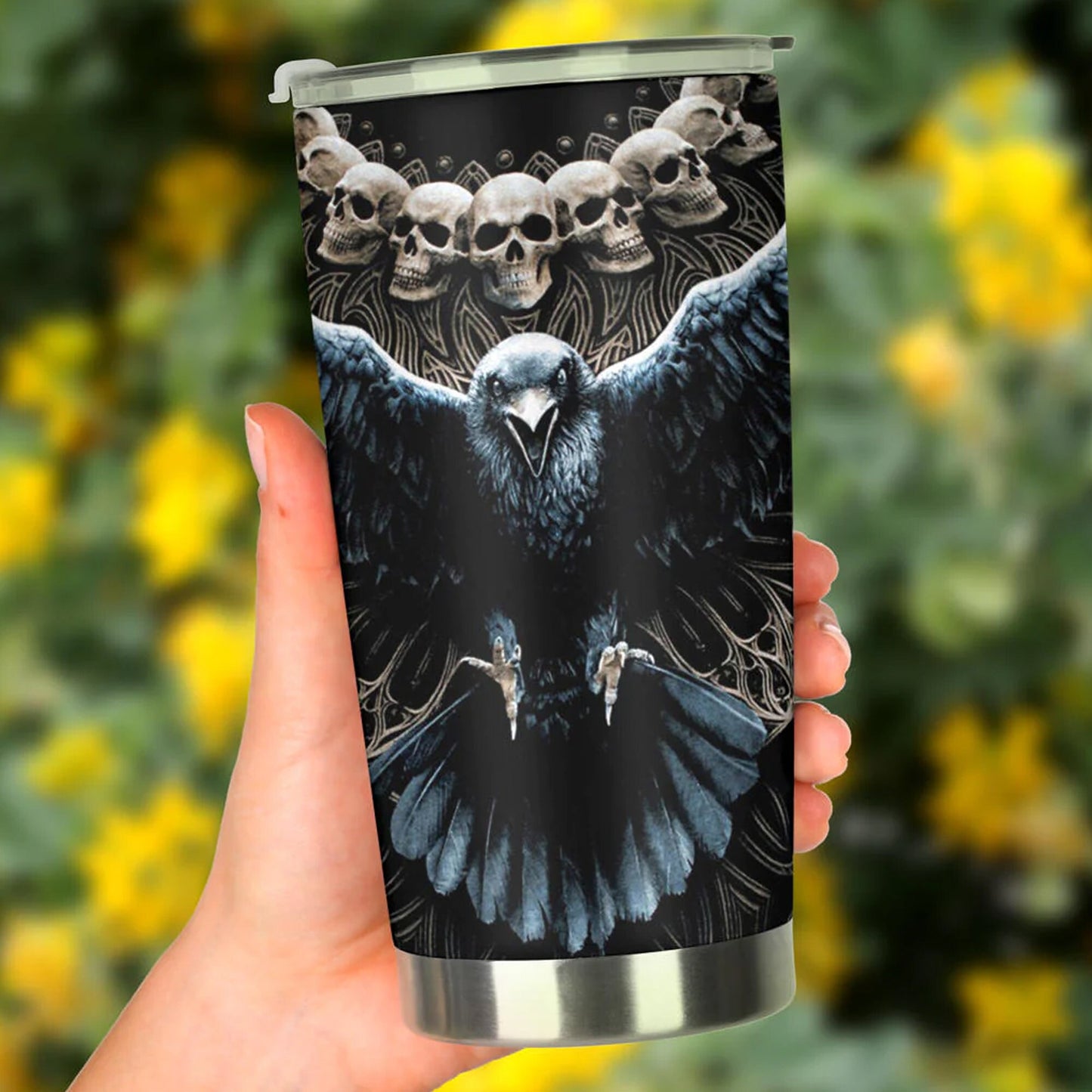 Gothic mug, motorcycle skull tumbler, skeleton tumbler, horror travel mug, skull bird tumbler cup, gothic tumbler, christmas cup, horror cup