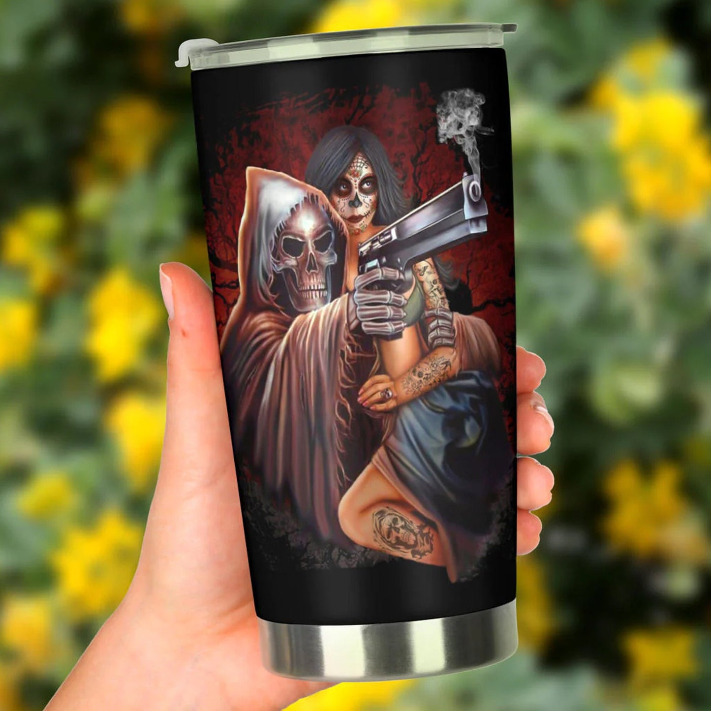 Flame skull travel mug, grim reaper mug, skeleton cup, grim reaper travel mug, flame skull tumbler, flaming skull tumbler, death travel mug