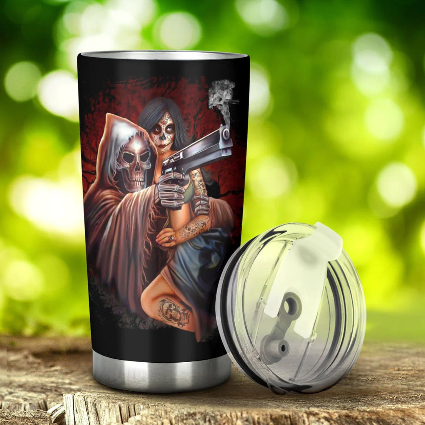 Flame skull travel mug, grim reaper mug, skeleton cup, grim reaper travel mug, flame skull tumbler, flaming skull tumbler, death travel mug