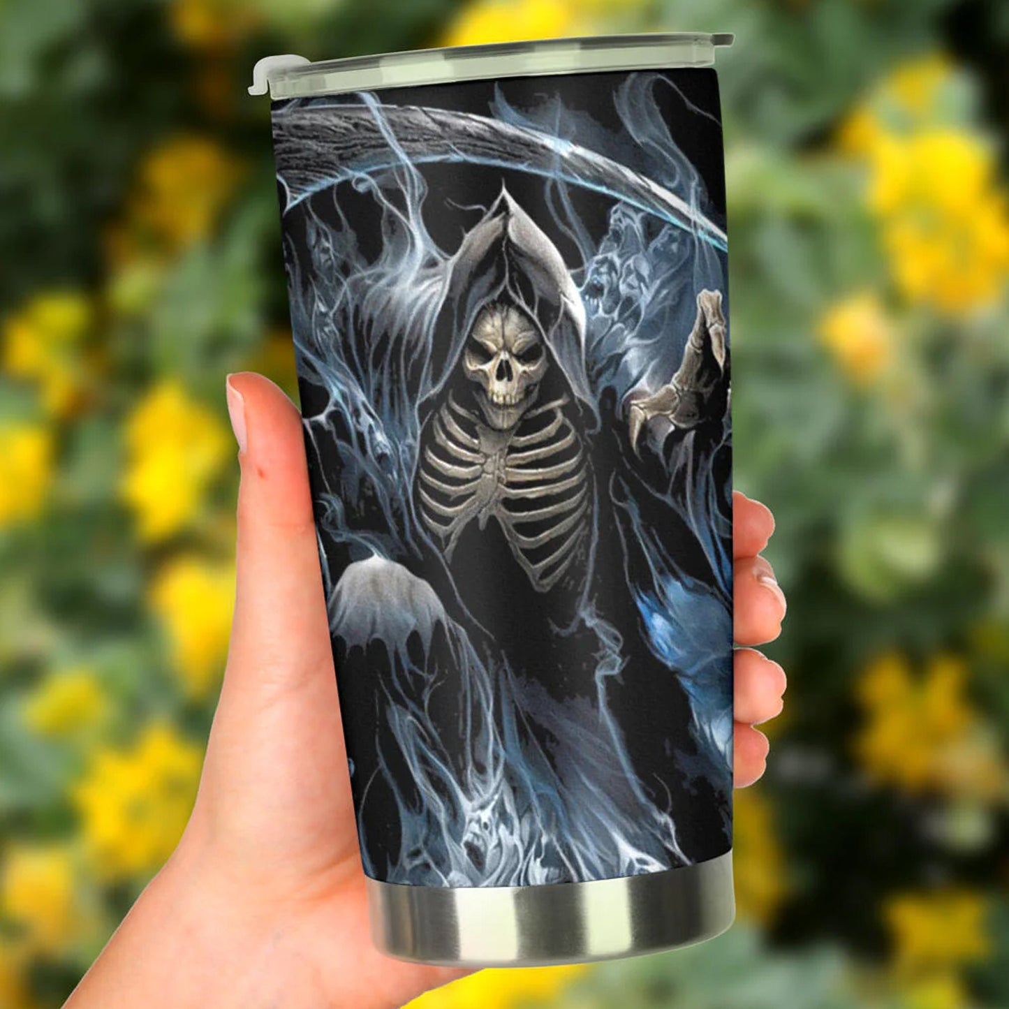 Skull gothic tumbler, flame skull travel mug, christmas cup, rose skull tumbler, skeleton cup, death tumbler skull cup rose skull travel mug