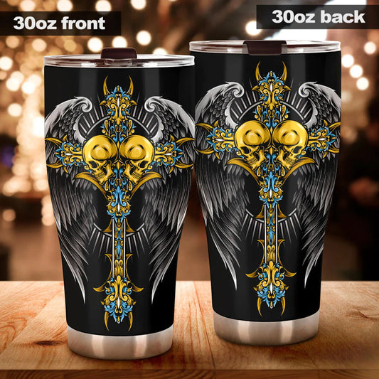 Wing sword skull tumbler, Goth skull cup mug, skull travel tumbler Gothic skull mug tumbler Halloween skull mug grim reaper gothic mug cup