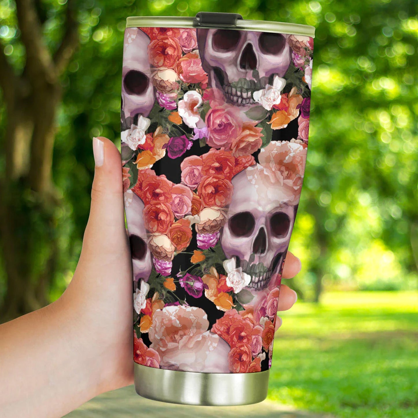 Floral skull tumbler, flower skull cup mug tumblr skull rose skull travel tumbler Gothic skull mug tumbler skull mug grim reaper gothic mug