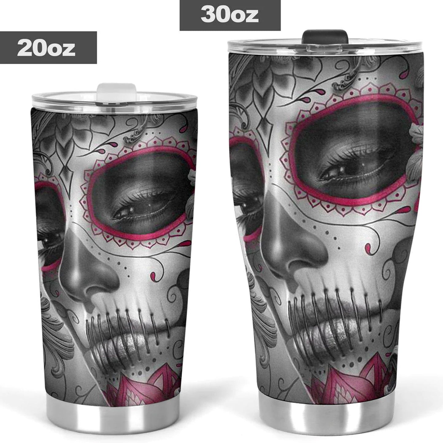 Sugar skull cat tumbler, Candy skull cat cup mug tumblr skull rose skull travel tumbler, skull mug tumbler day of the dead cat skull tumbler