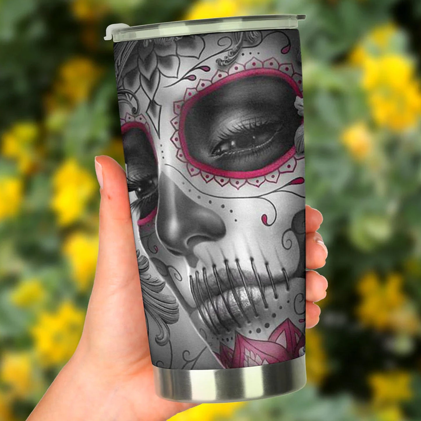 Sugar skull cat tumbler, Candy skull cat cup mug tumblr skull rose skull travel tumbler, skull mug tumbler day of the dead cat skull tumbler