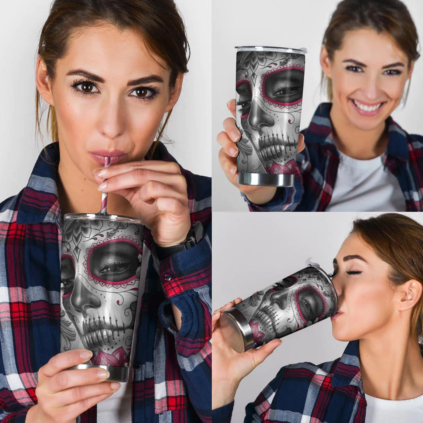 Sugar skull cat tumbler, Candy skull cat cup mug tumblr skull rose skull travel tumbler, skull mug tumbler day of the dead cat skull tumbler