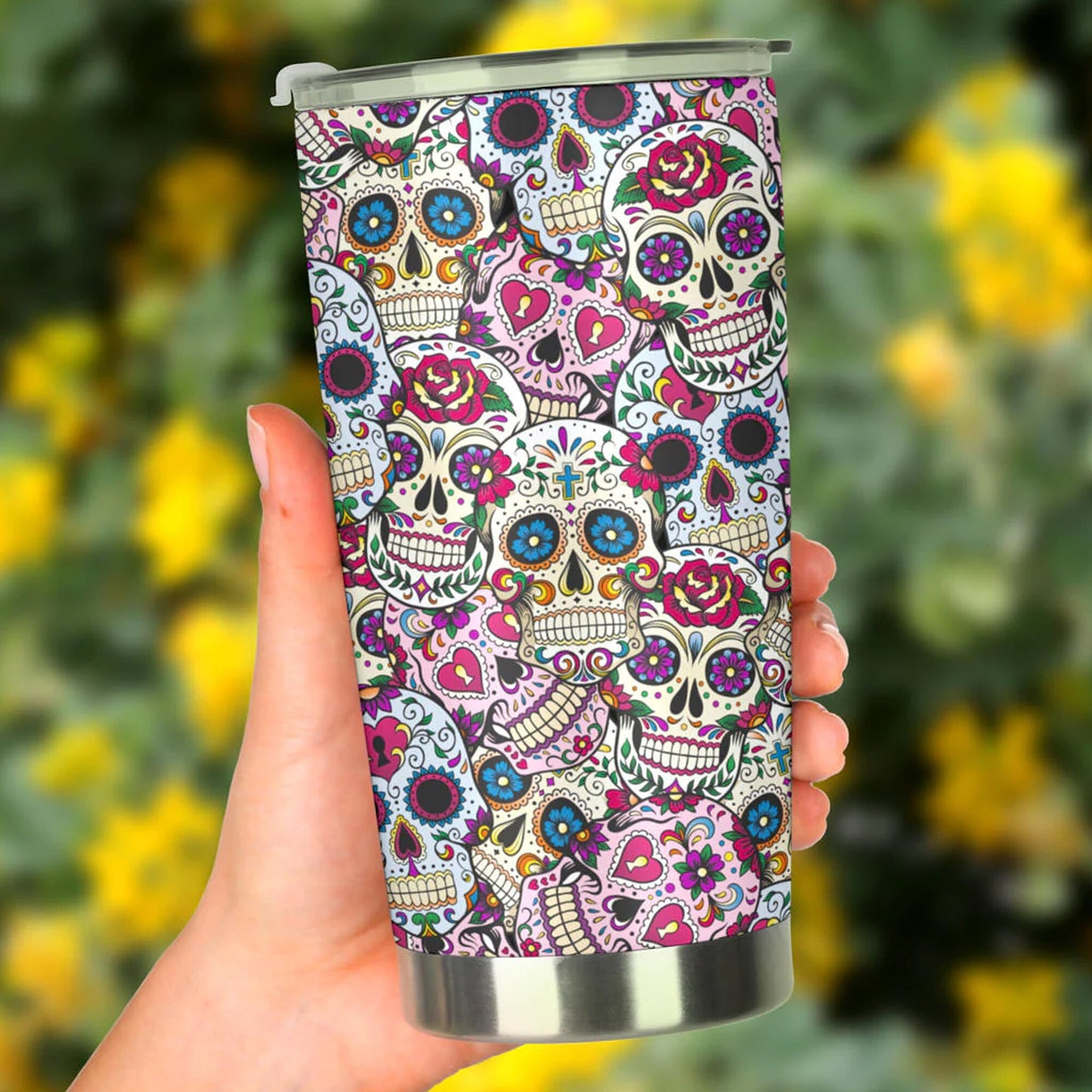Day of the dead skull tumbler, Candy skull cup mug tumbler sugar skull tumbler cup, Claveras mexican skull day of the dead skull tumbler cup