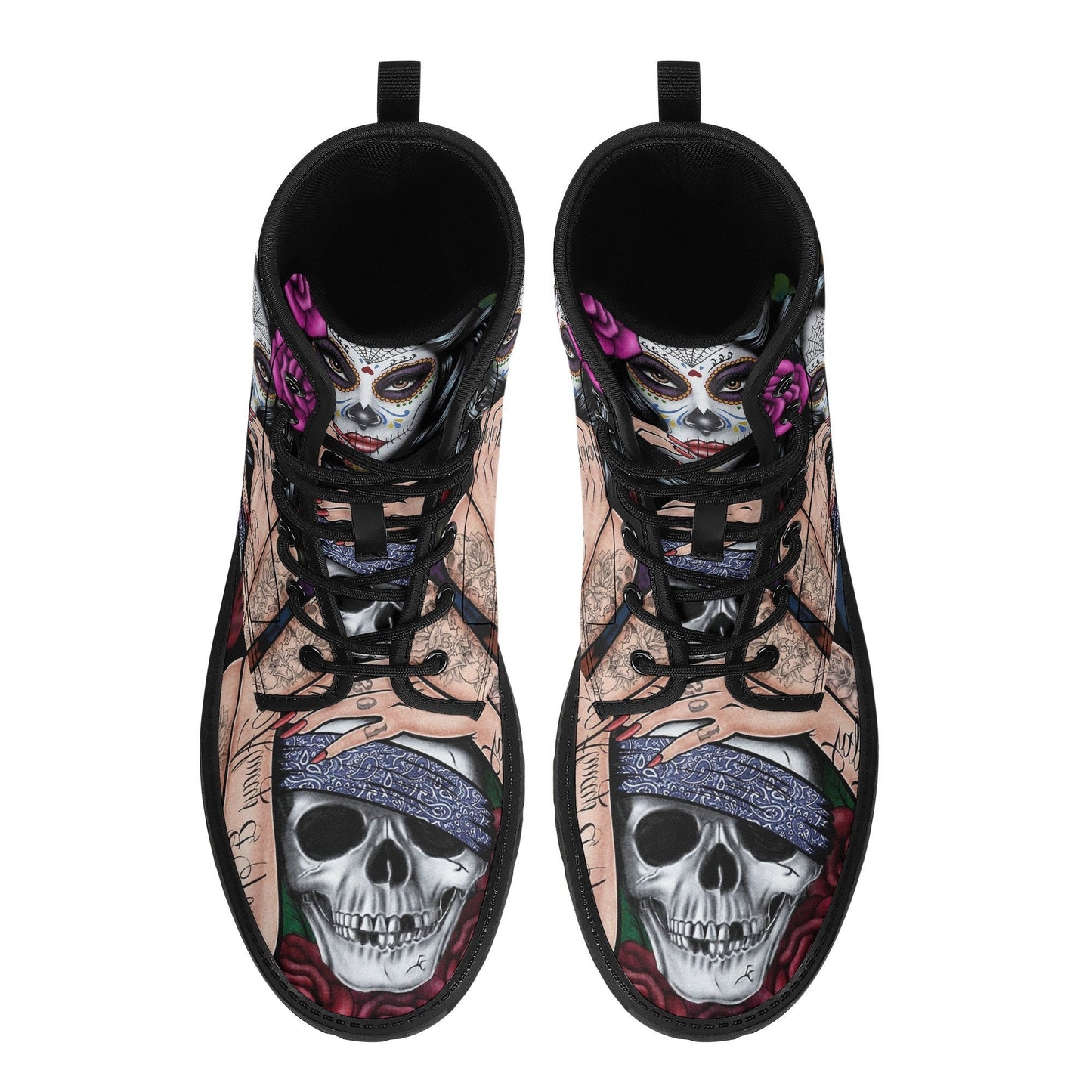 Candy skull day of the dead girl leather boots, Sugar skull girl boots men women, Dia de los muertos skull boots shoes, Floral skull boots