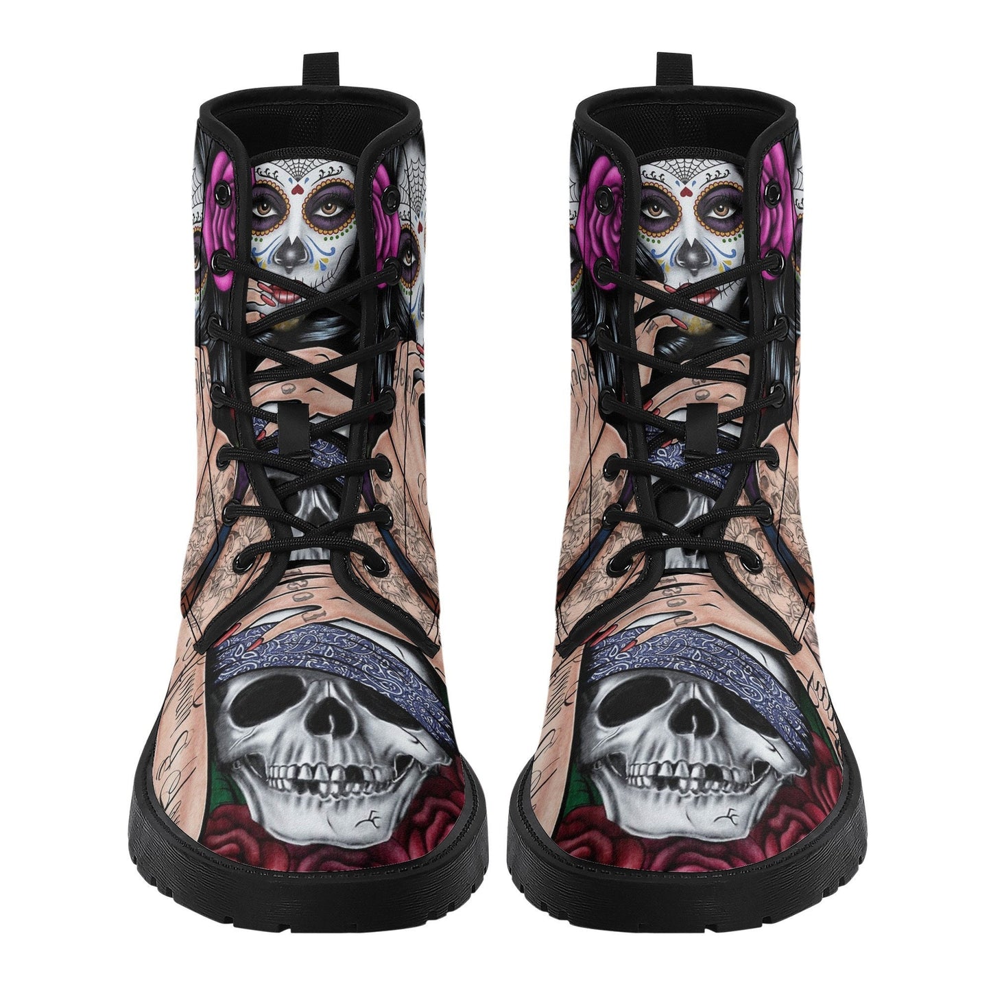 Candy skull day of the dead girl leather boots, Sugar skull girl boots men women, Dia de los muertos skull boots shoes, Floral skull boots